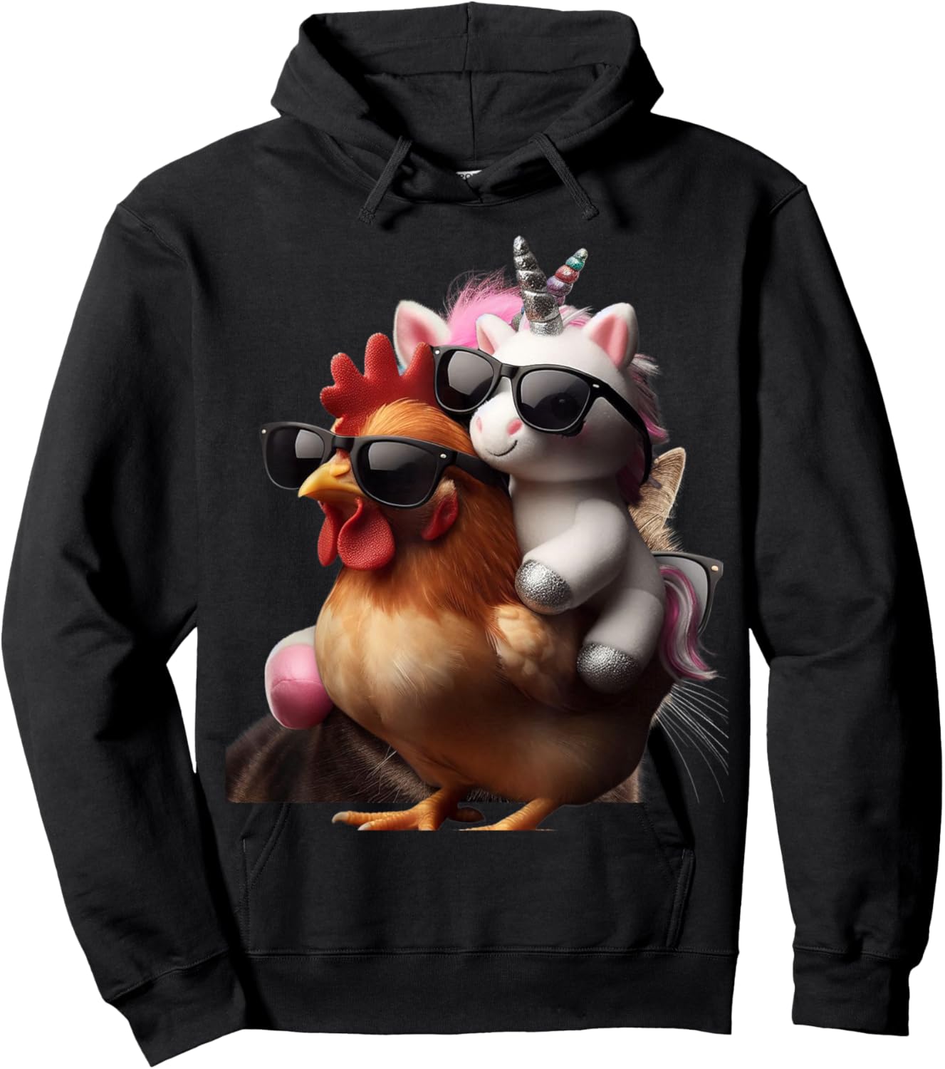 Unicorn Riding Chicken Boys Girls Women Kids Teens Rainbow Hoodie - Hoodie | Black