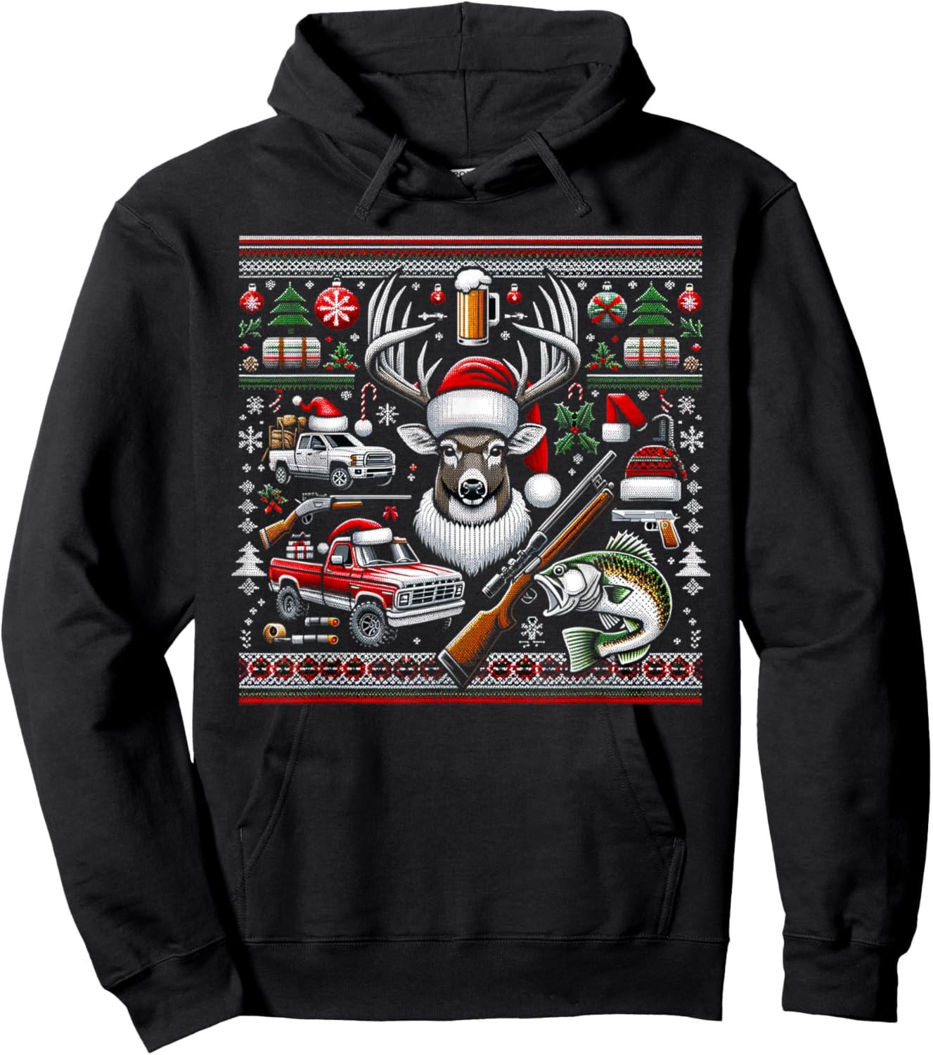 Deer Hunting Bass Fishing Redneck Ugly Christmas Hoodie - Hoodie | Black