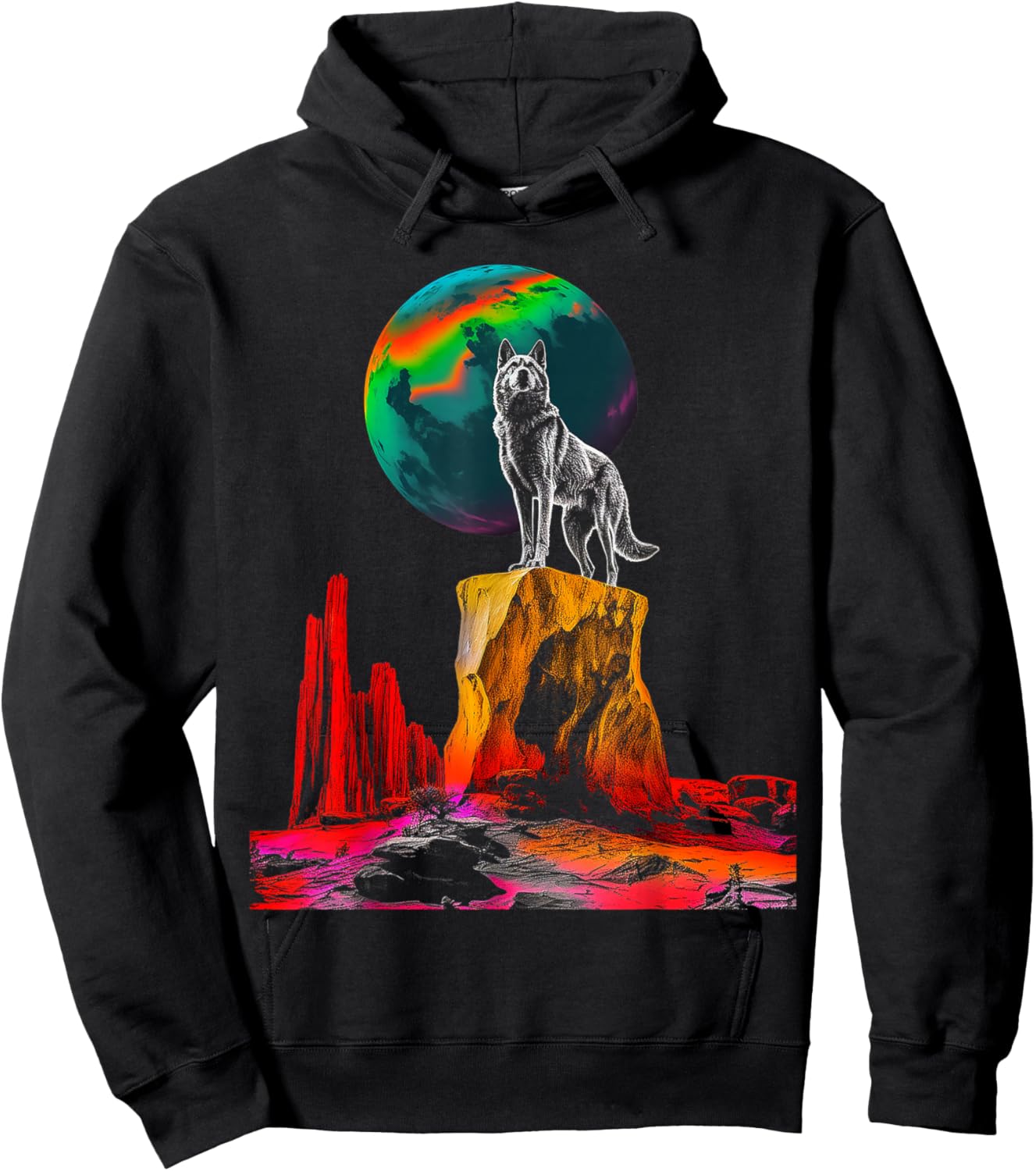 Wolf Moon Colorful Animal Nature Stones Art Wolf Hoodie - Hoodie | Black