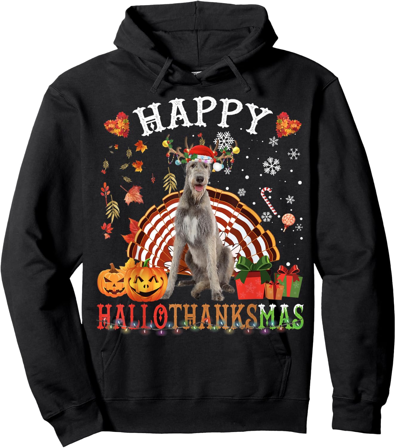 Halloween Thanksgiving Christmas Irish Wolfhound XMas Hoodie - Hoodie | Black