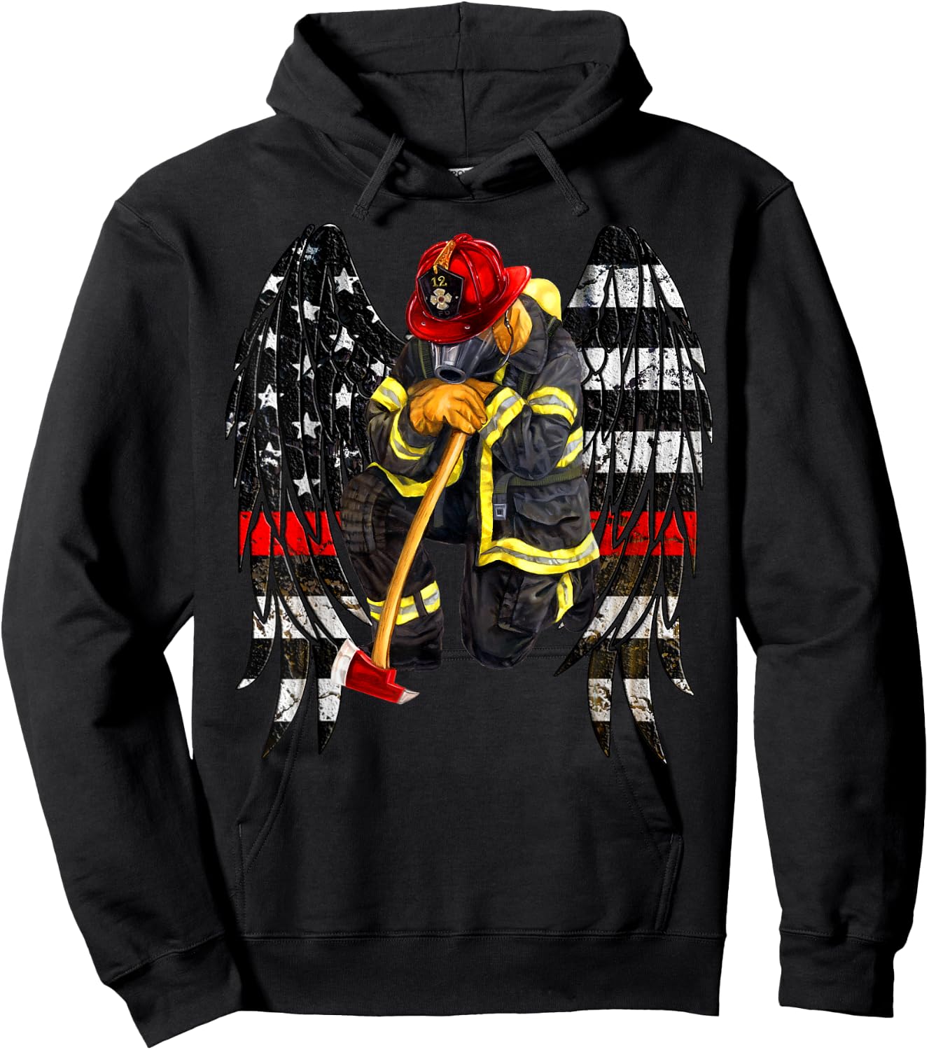 Firefighters Flag Angel Wings Gift Kneel firefighter prayer Hoodie - Hoodie | Black