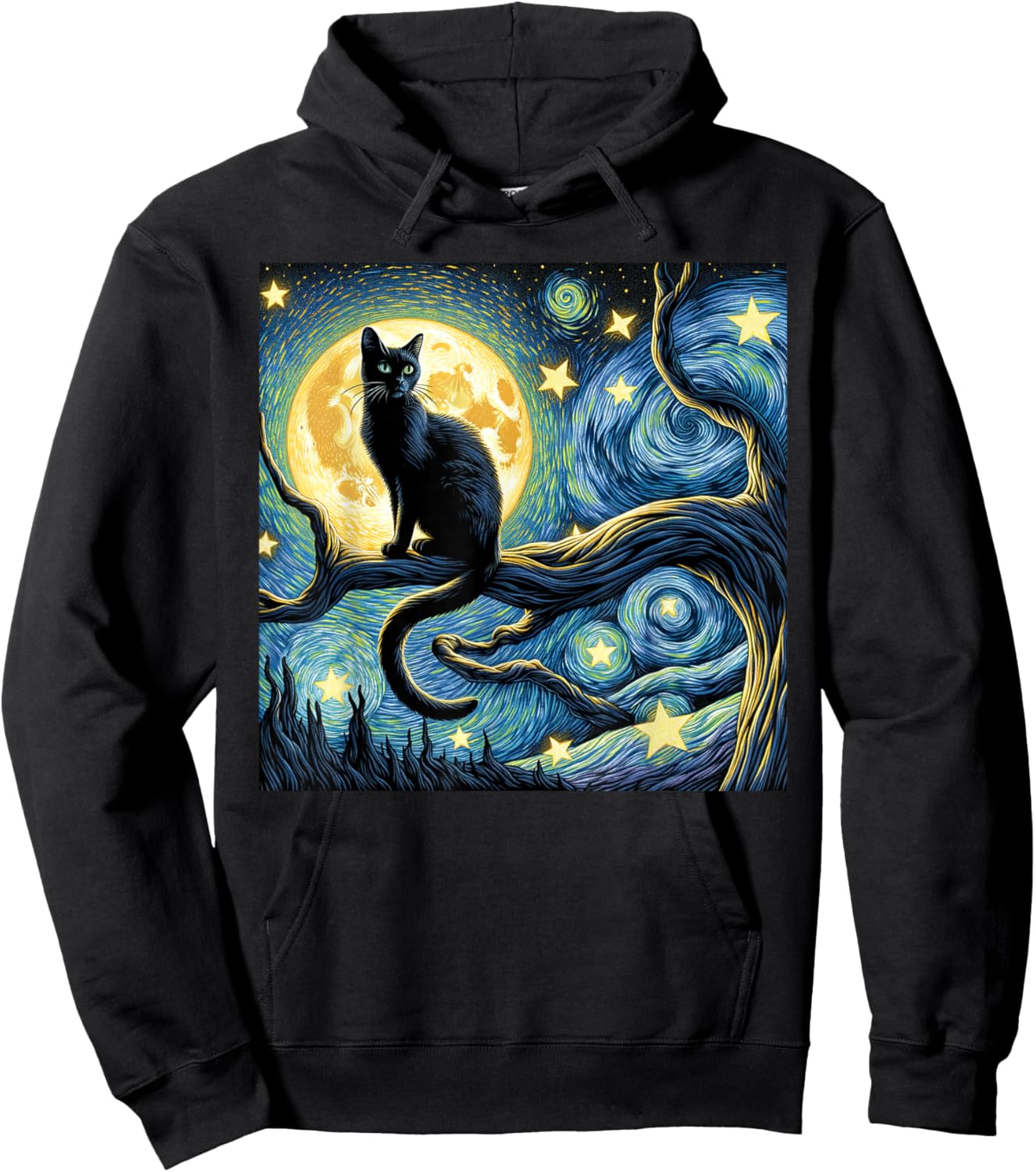 Cat Starry Night Van Gogh Cat Art Funny Hoodie - Hoodie | Black