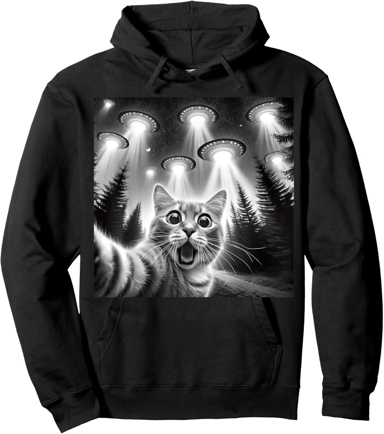Cat Selfie With Alien UFO Funny Cat Gifts Women Kids Hoodie - Hoodie | Black