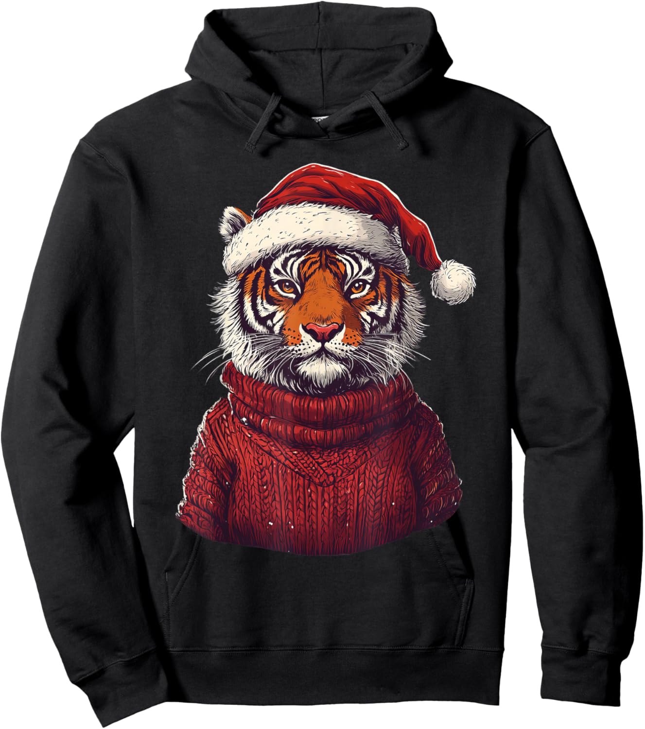 Tiger Ugly Sweater Santa Hat Christmas Hoodie - Hoodie | Black