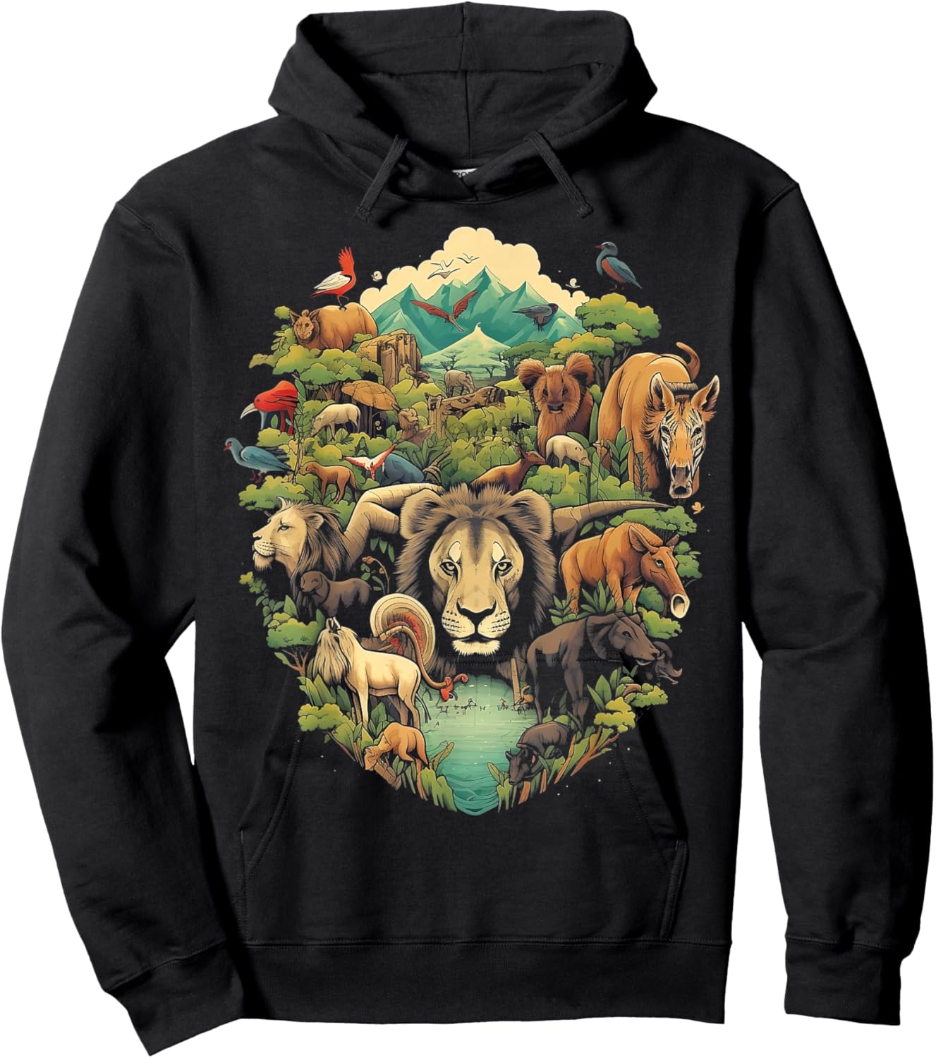 Animal Kingdom with a Variety of Animals in Their Natura Hoodie - Hoodie | Black