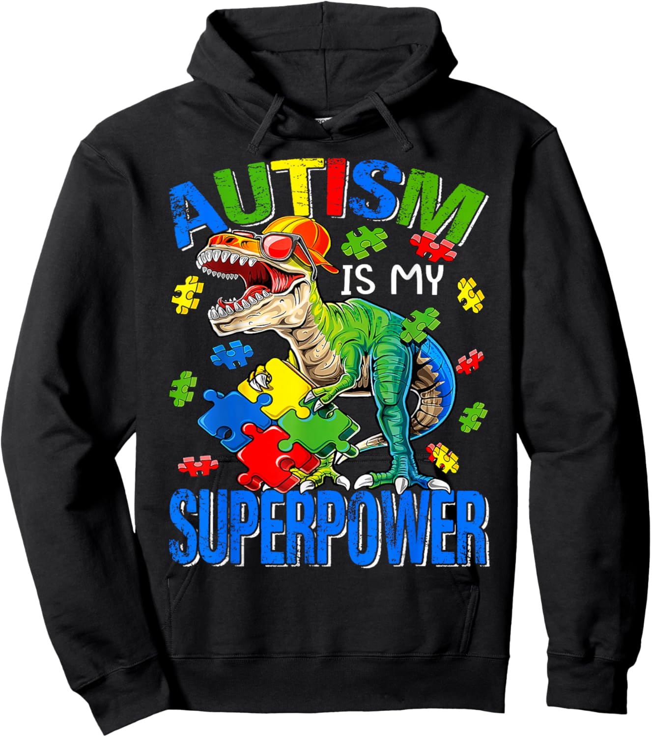 Autism Is My Superpower Autism Awareness Dinosaur T Rex Hoodie - Hoodie | Black