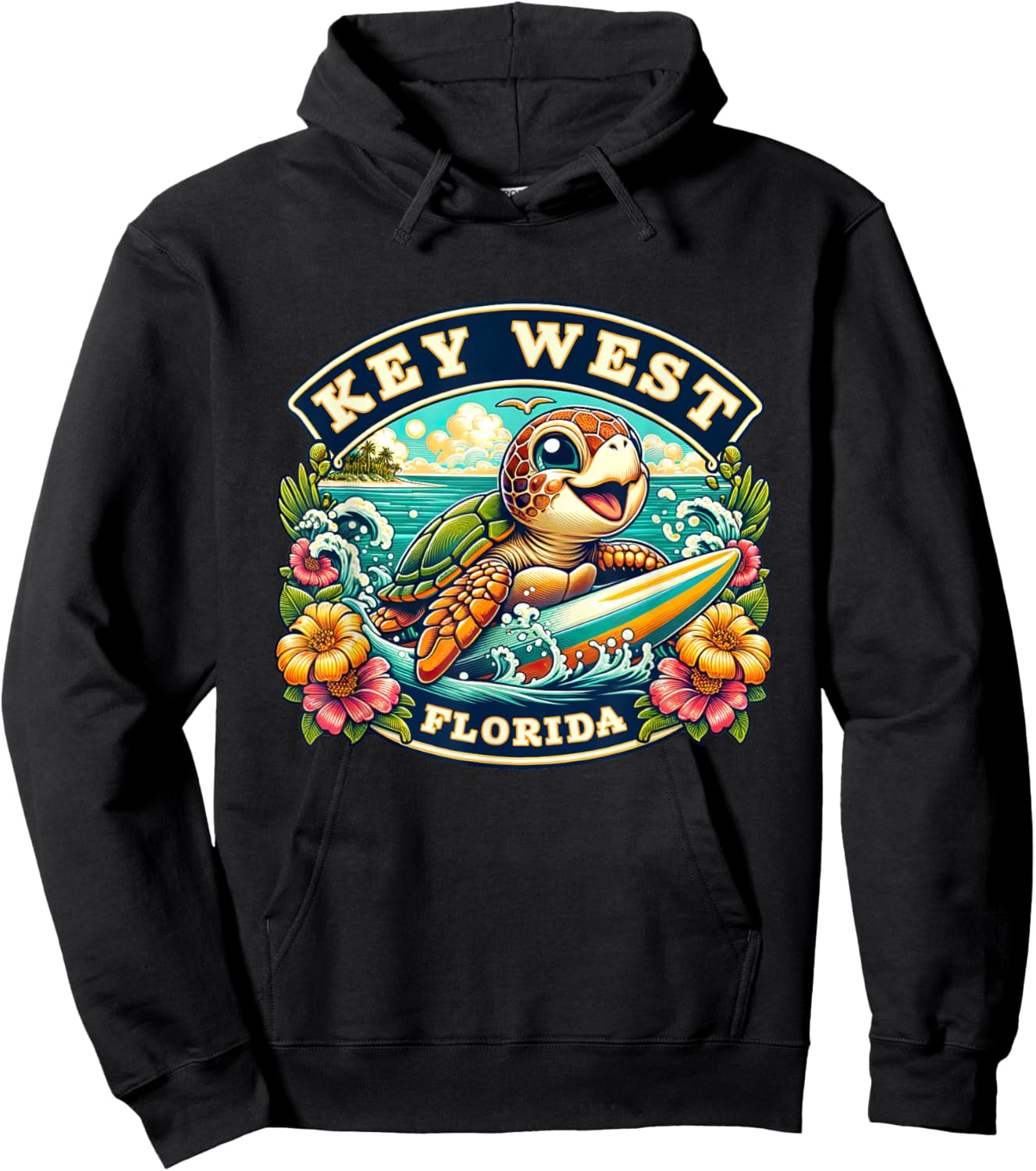 Key West Florida Cute Sea Turtle Surfing Hoodie - Hoodie | Black