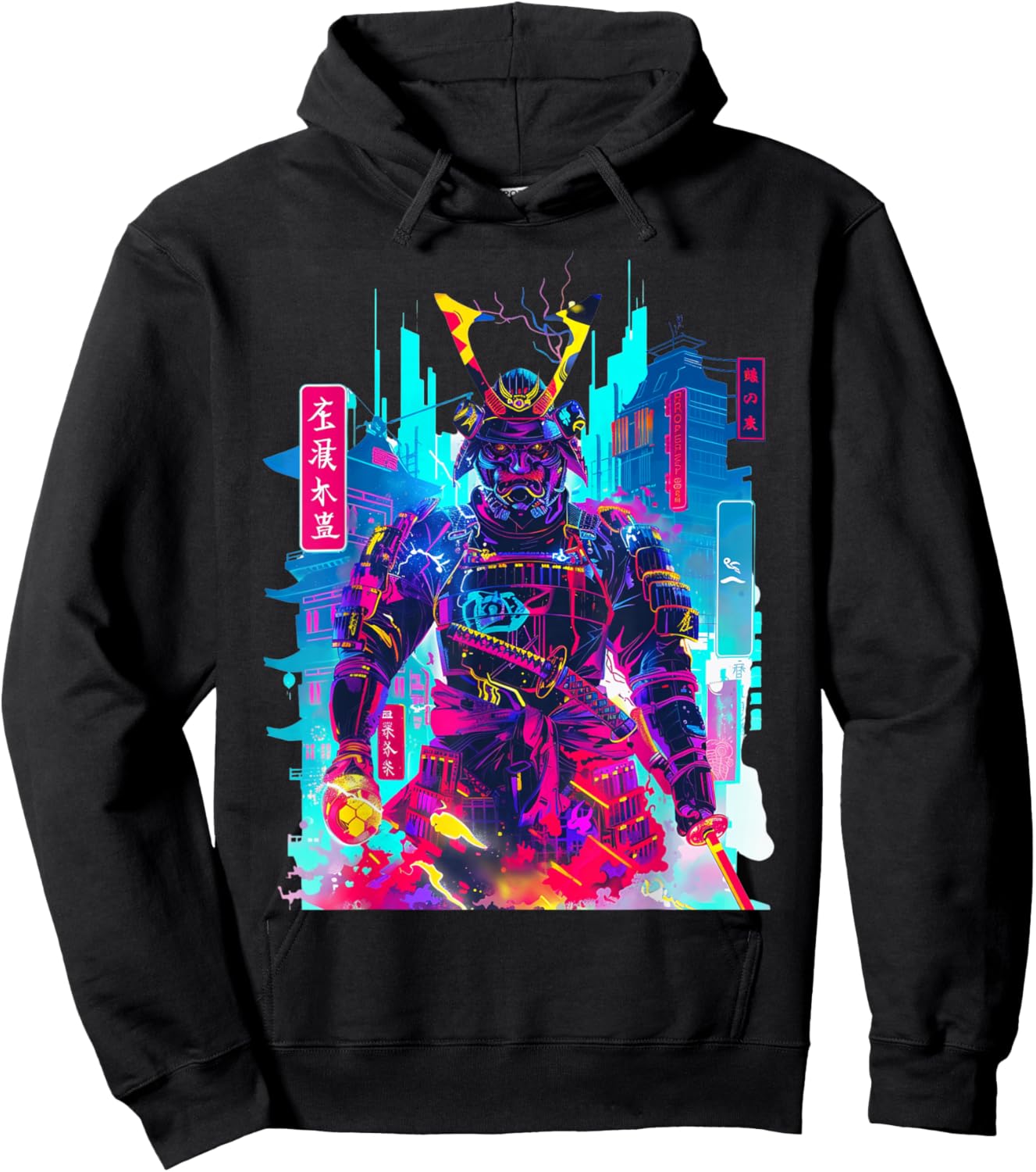 Cyberpunk Neon Samurai Japanese Art Hoodie - Hoodie | Black
