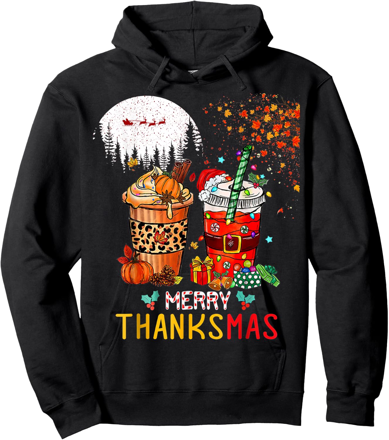 Happy Thanksgiving Merry Christmas Happy Thanksmas Coffee Hoodie - Hoodie | Black