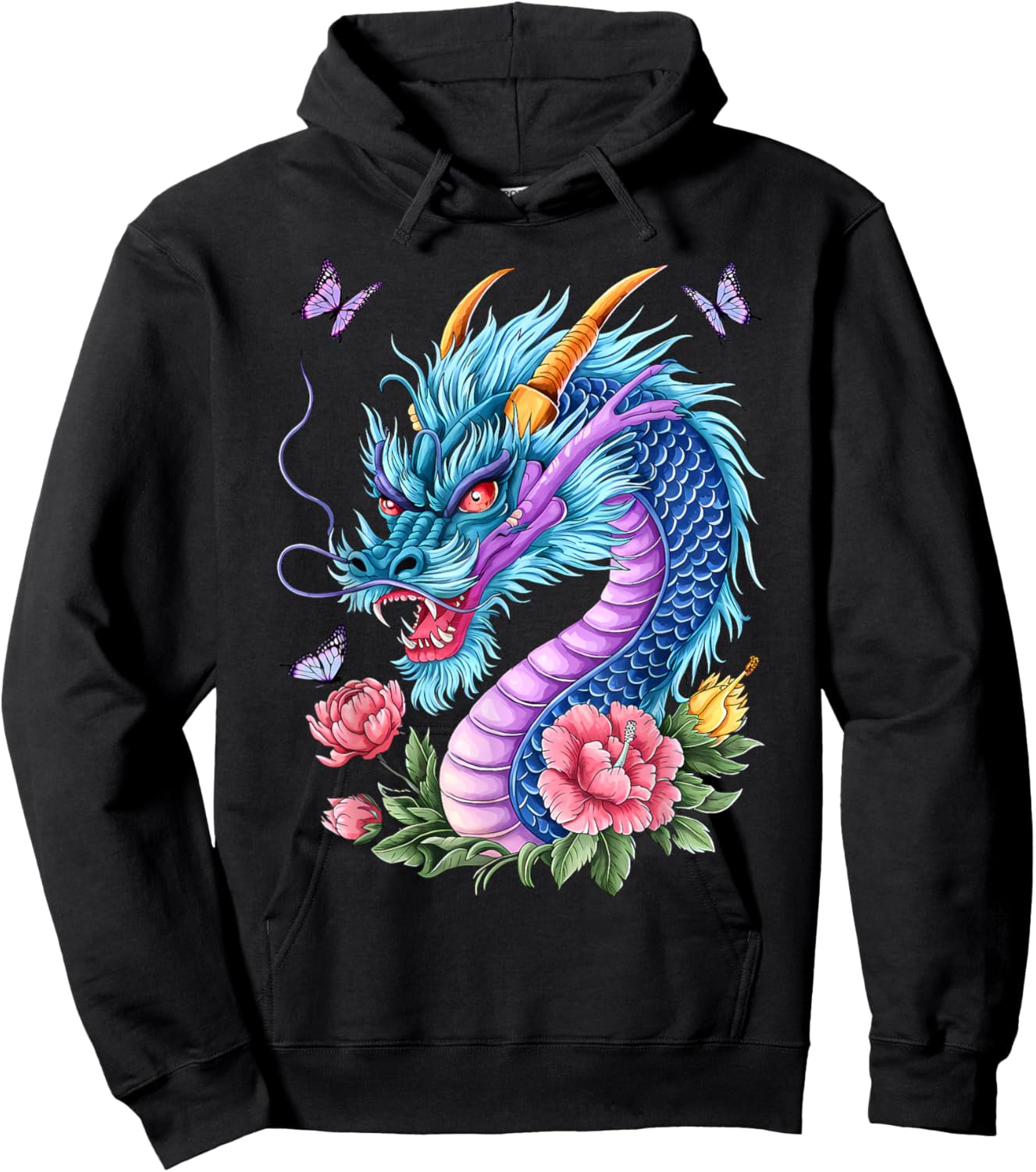 Watercolor Dragon Flowers Beautiful Art Colorful Graphic Hoodie - Hoodie | Black