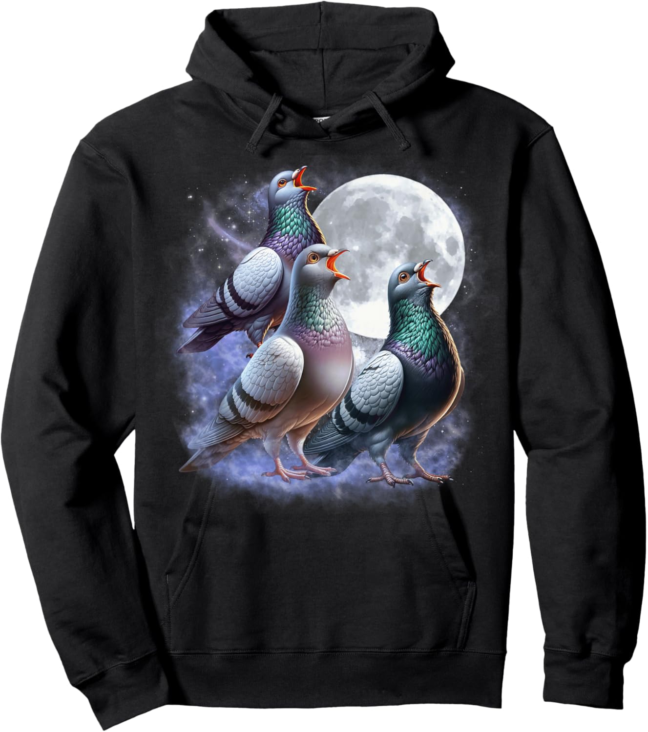 Three Pigeons Moon Funny Pigeon Howling Wolfs Moon Parody Hoodie - Hoodie | Black