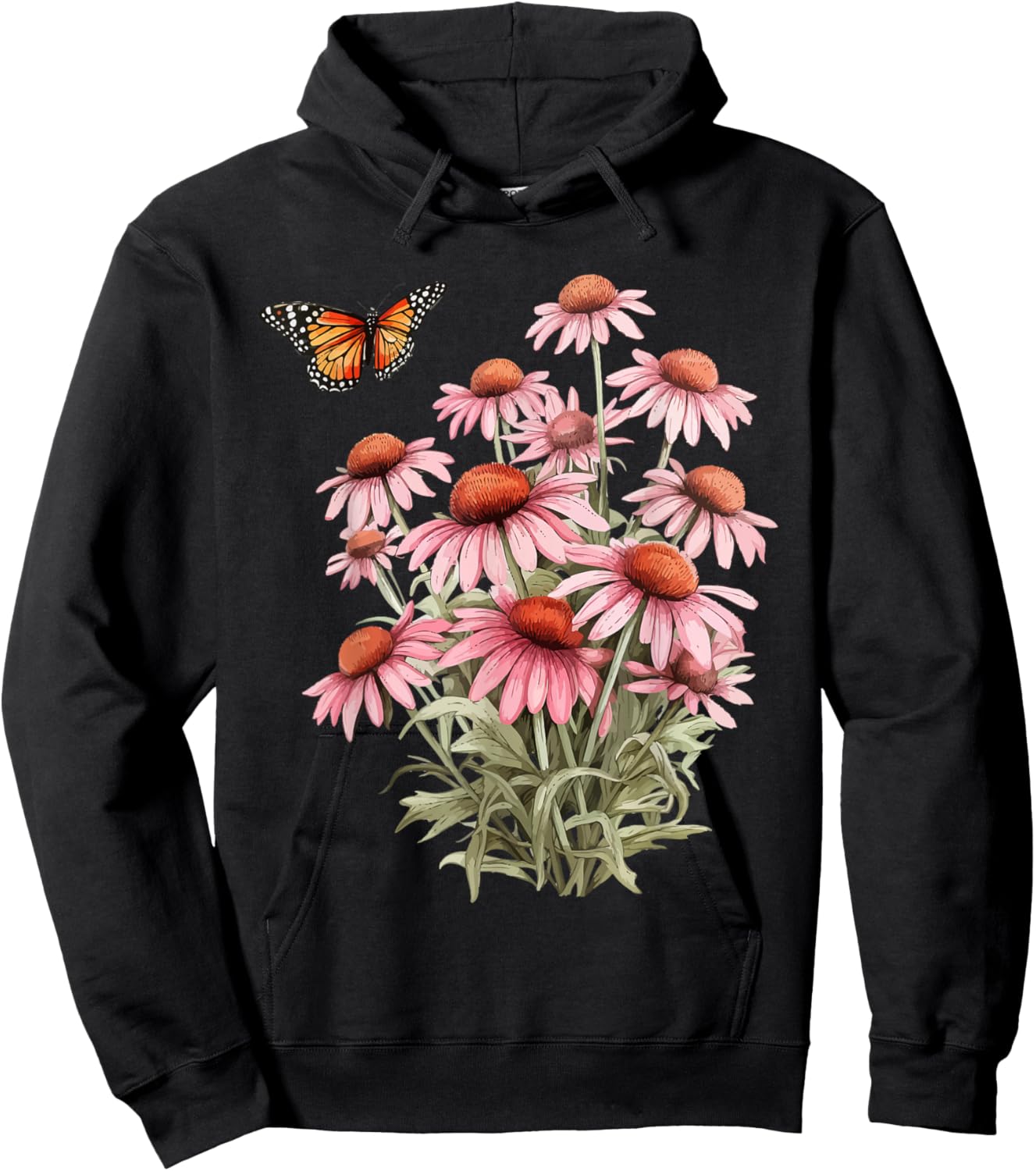 Echinacea Cone Flower Monarch Butterfly Pollinator Habitat Hoodie - Hoodie | Black
