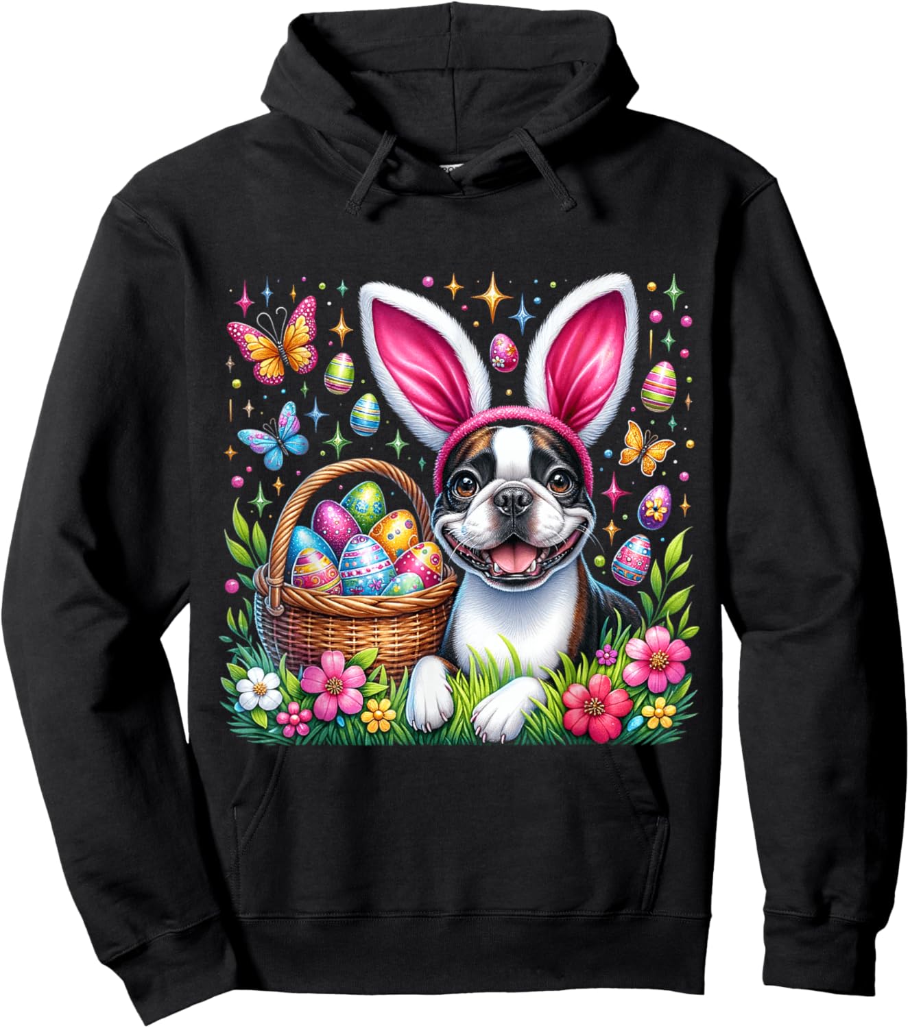 Cute Bunny Boston Terrier Dog Easter Eggs Basket Easter Day Hoodie - Hoodie | Black