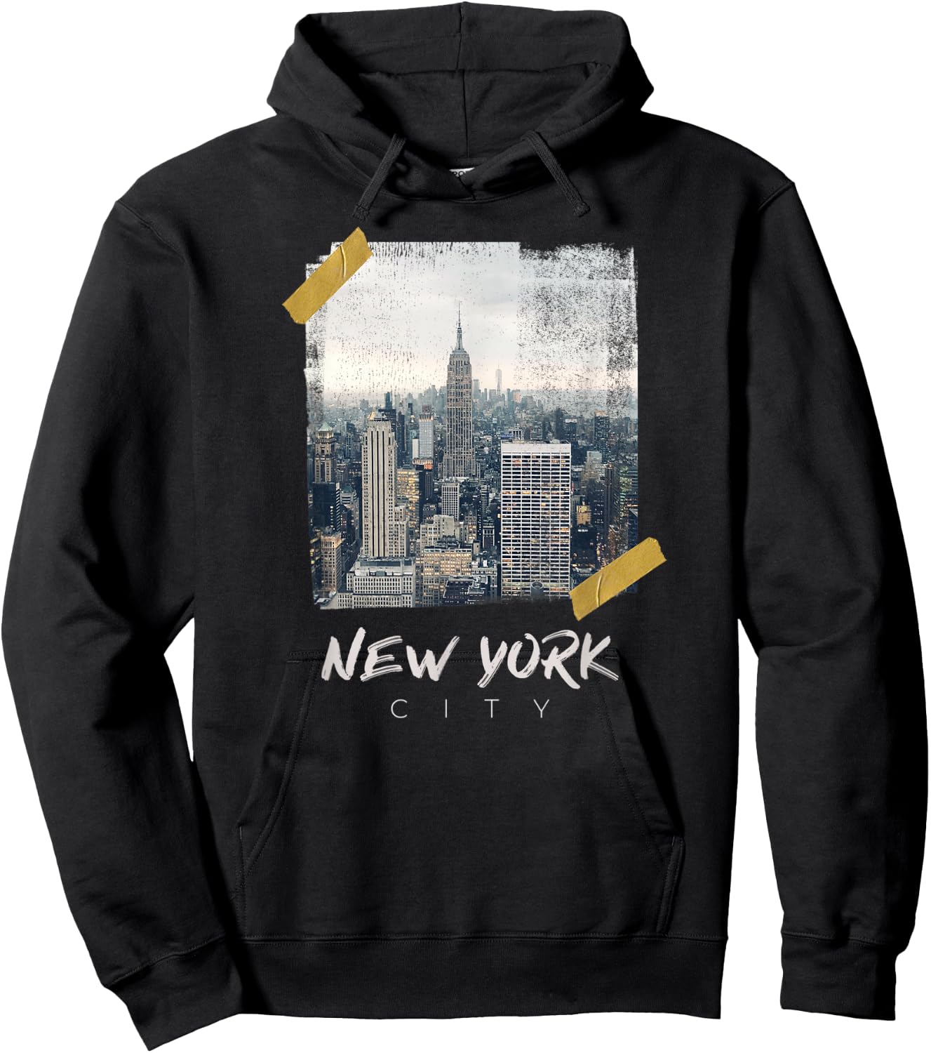 New York City Empire State Building Distressed Grunge Tape Hoodie - Hoodie | Black