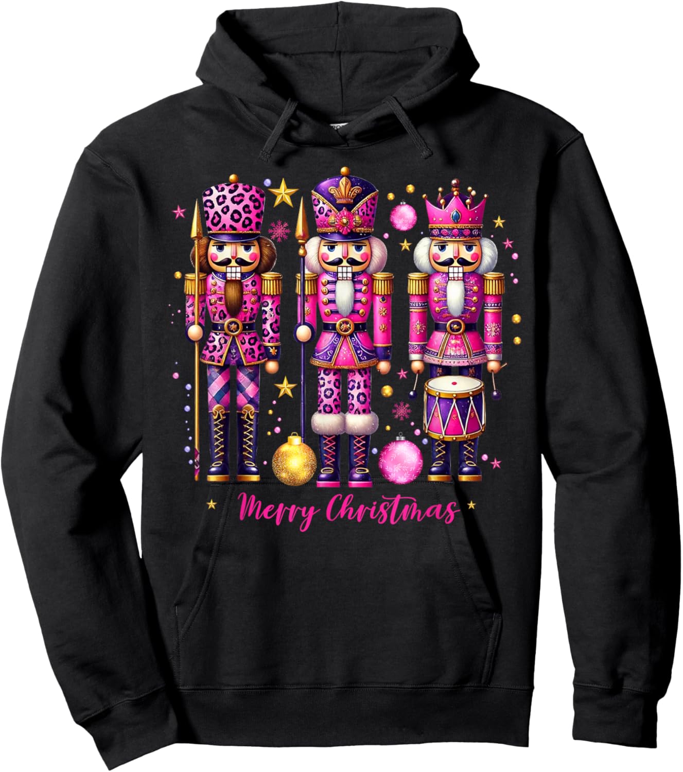 Leopard Nutcracker Pink Christmas 2024 Xmas Pajamas Matching Hoodie - Hoodie | Black