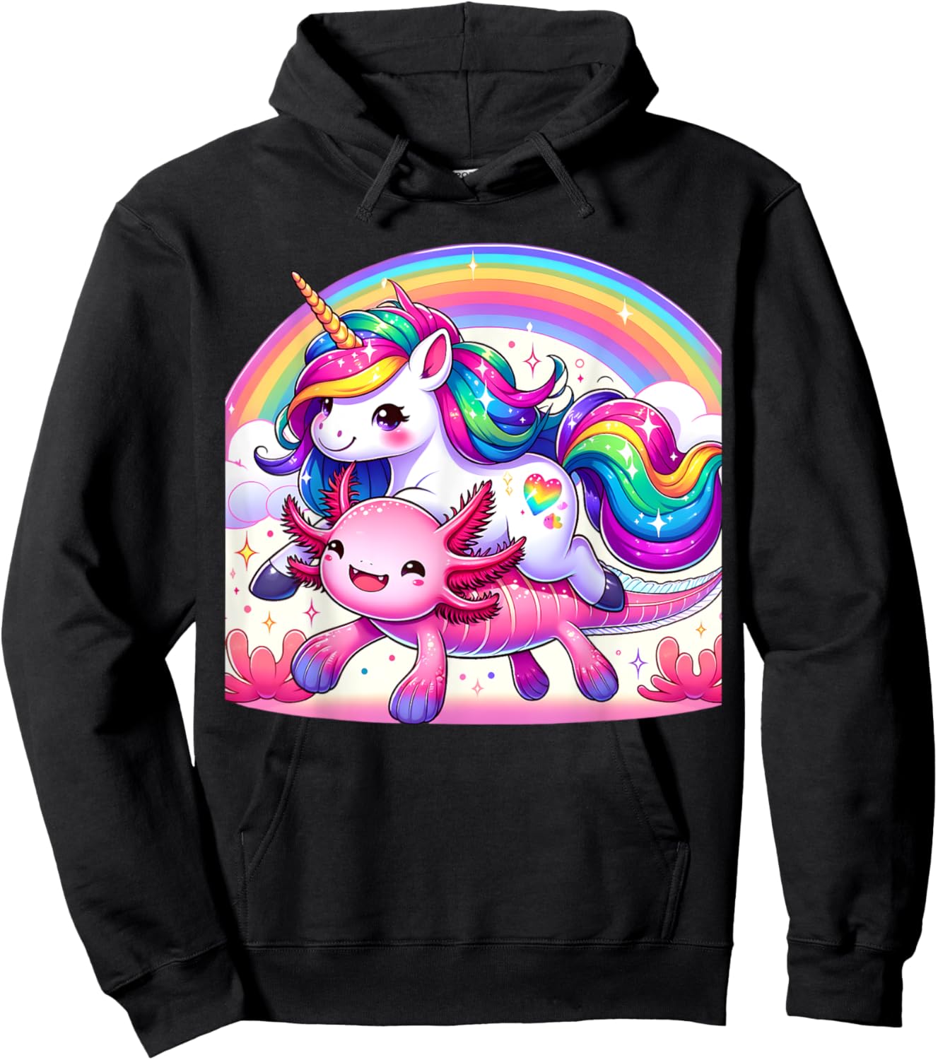 Unicorn Riding Axolotl Kawaii Kids Girls Boys Men Rainbow Hoodie - Hoodie | Black