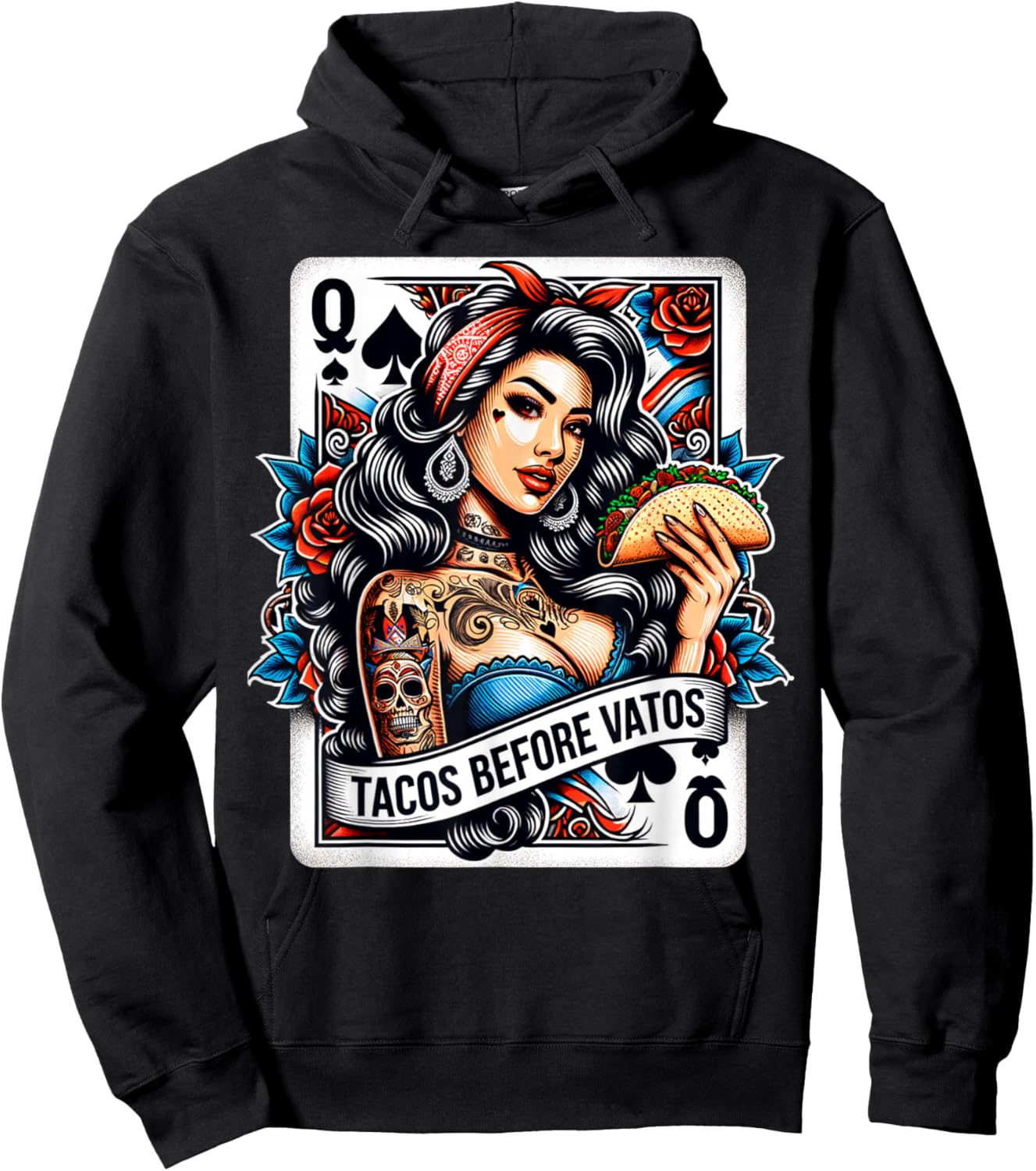 Tacos Before Vatos Mexican Latina Chicana Pin-Up Girl Tattoo Hoodie - Hoodie | Black