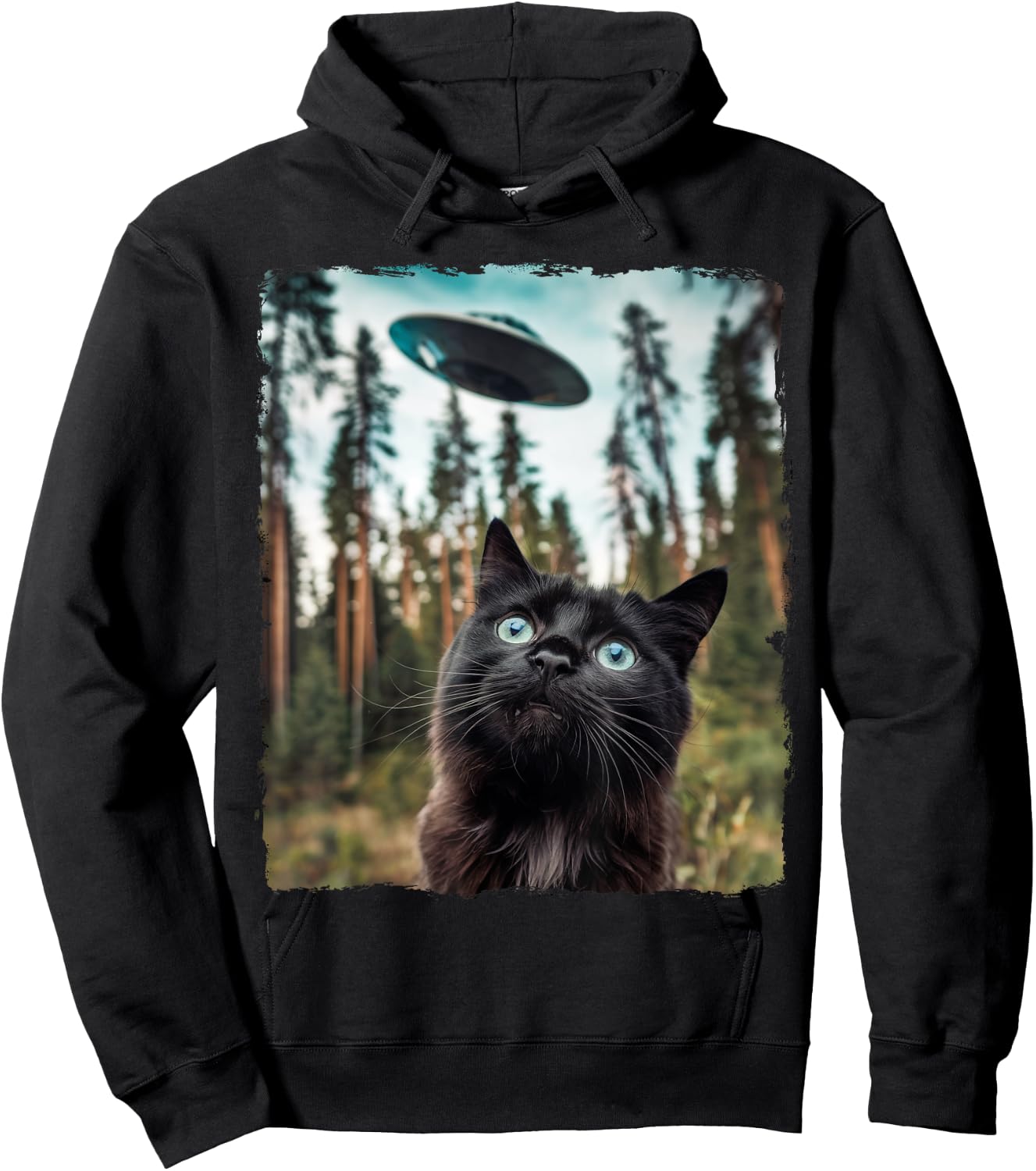 Black Cat Selfie With Alien UFO Cat Gifts Women Kid Hoodie - Hoodie | Black