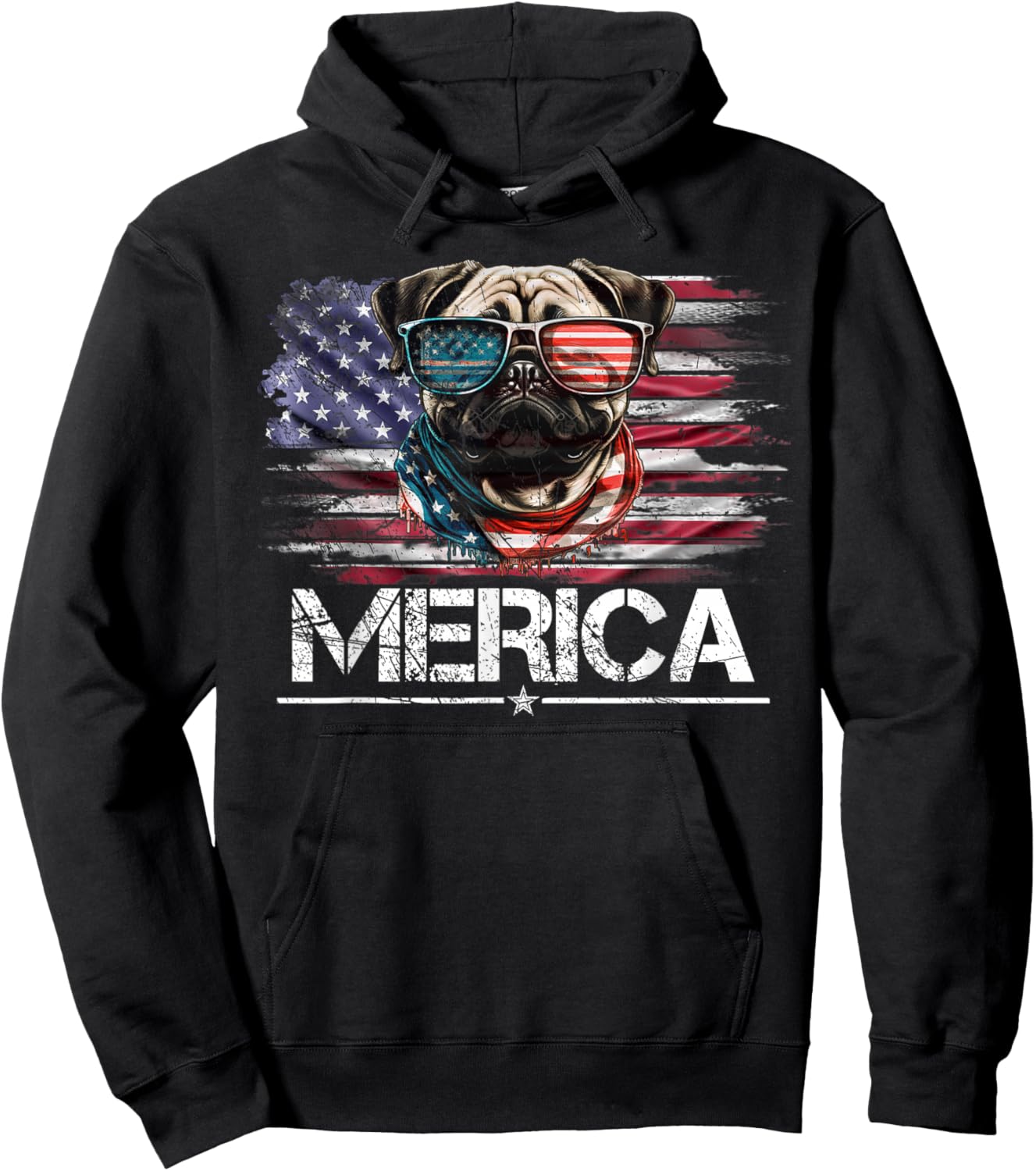 Vintage Pug Dog, Merica Pug Dog USA Flag Funny Women Kids Men Hoodie - Hoodie | Black