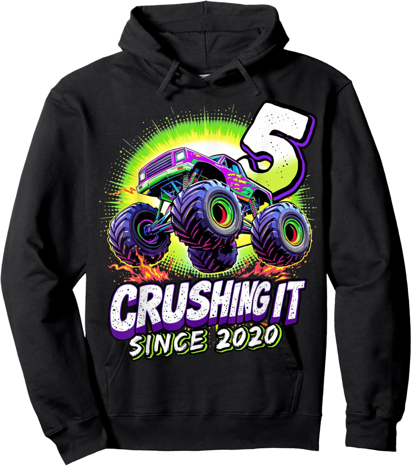 Birthday Monster Truck 5 year Old Boys 5th Party Born 2020 Hoodie - Hoodie | Black