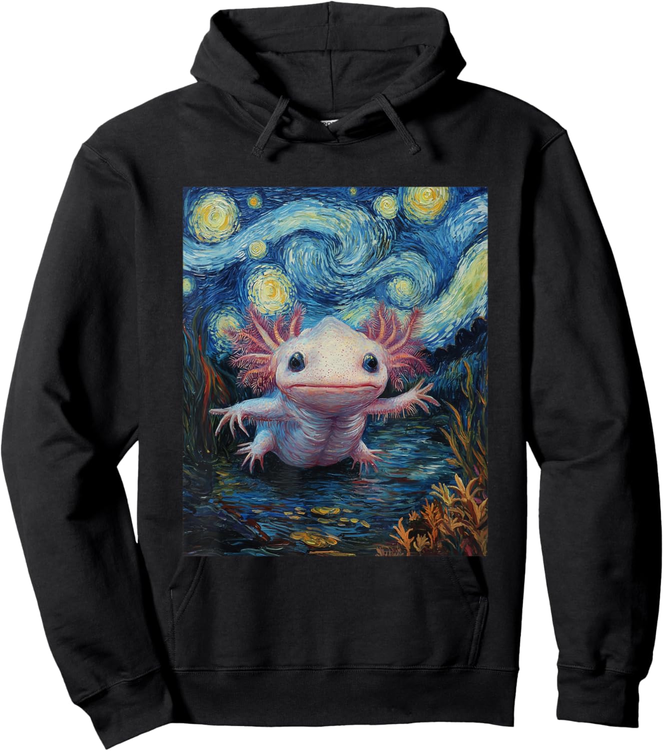 Axolotl Kawaii - Van Gogh Style - Starry Night Graphic Hoodie - Hoodie | Black