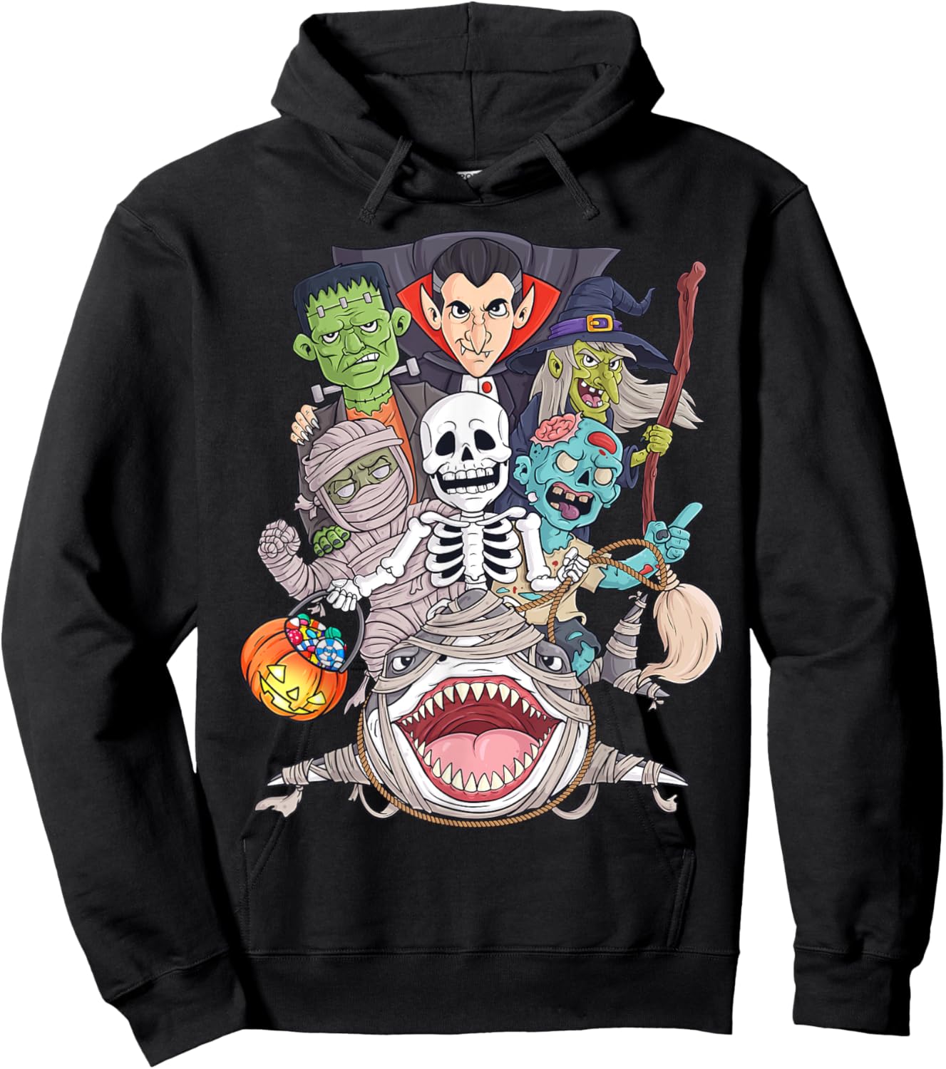 Skeleton Zombie Riding Mummy Shark Funny Halloween Pumpkin Hoodie - Hoodie | Black