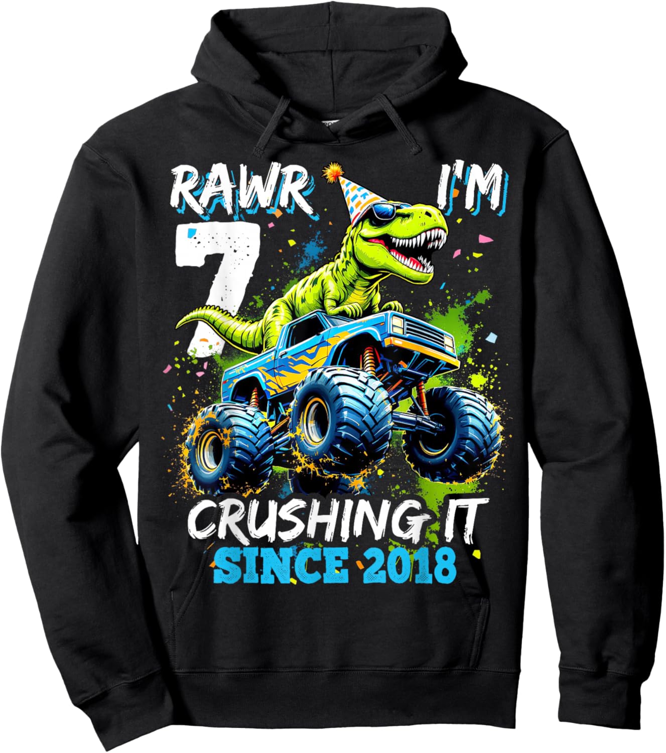 7th Birthday Monster Truck Dinosaur Party Boys Rawr I'm 7 Hoodie - Hoodie | Black