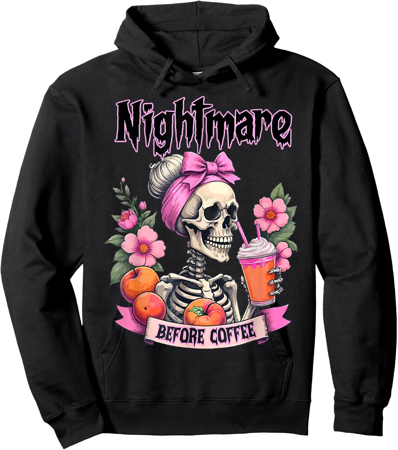Cute Nightmare Before Coffee Halloween Flower Skeleton Hoodie - Hoodie | Black