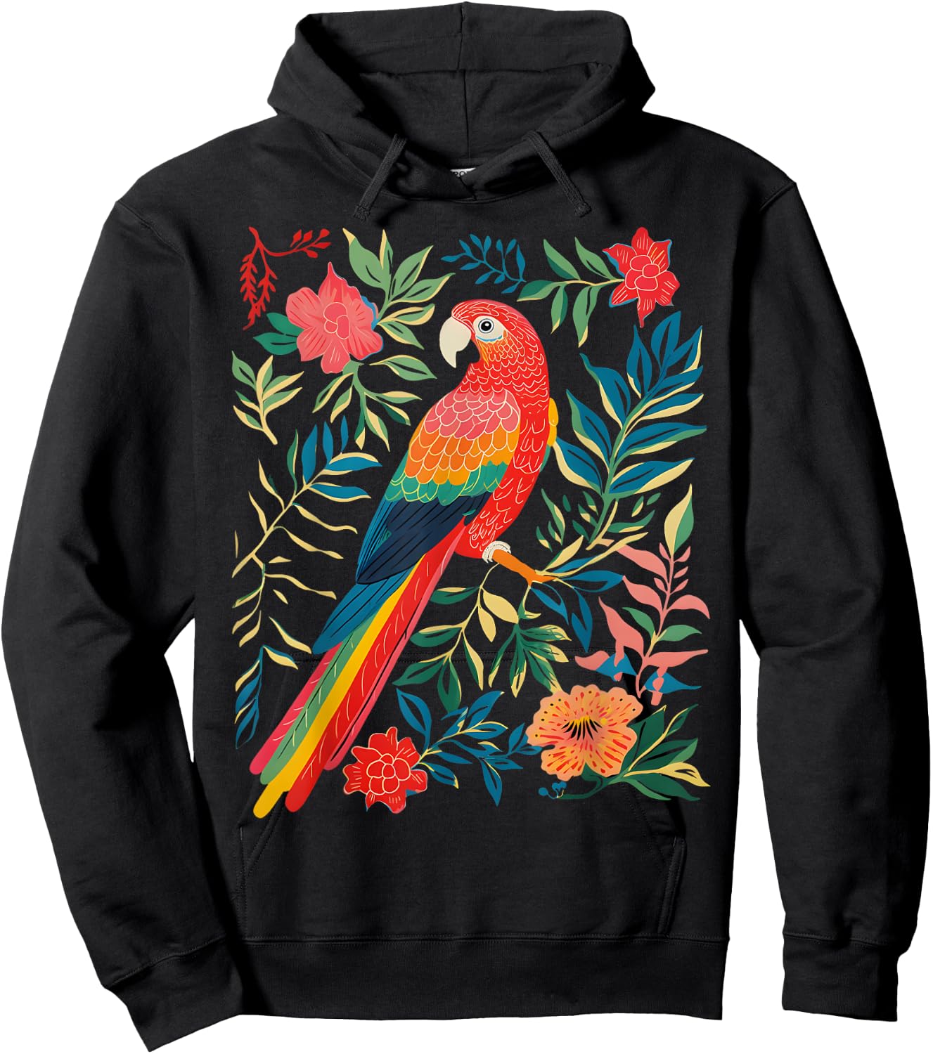Boho Floral Parrot Scarlet Macaw Birdwatching Bird Lover Hoodie - Hoodie | Black
