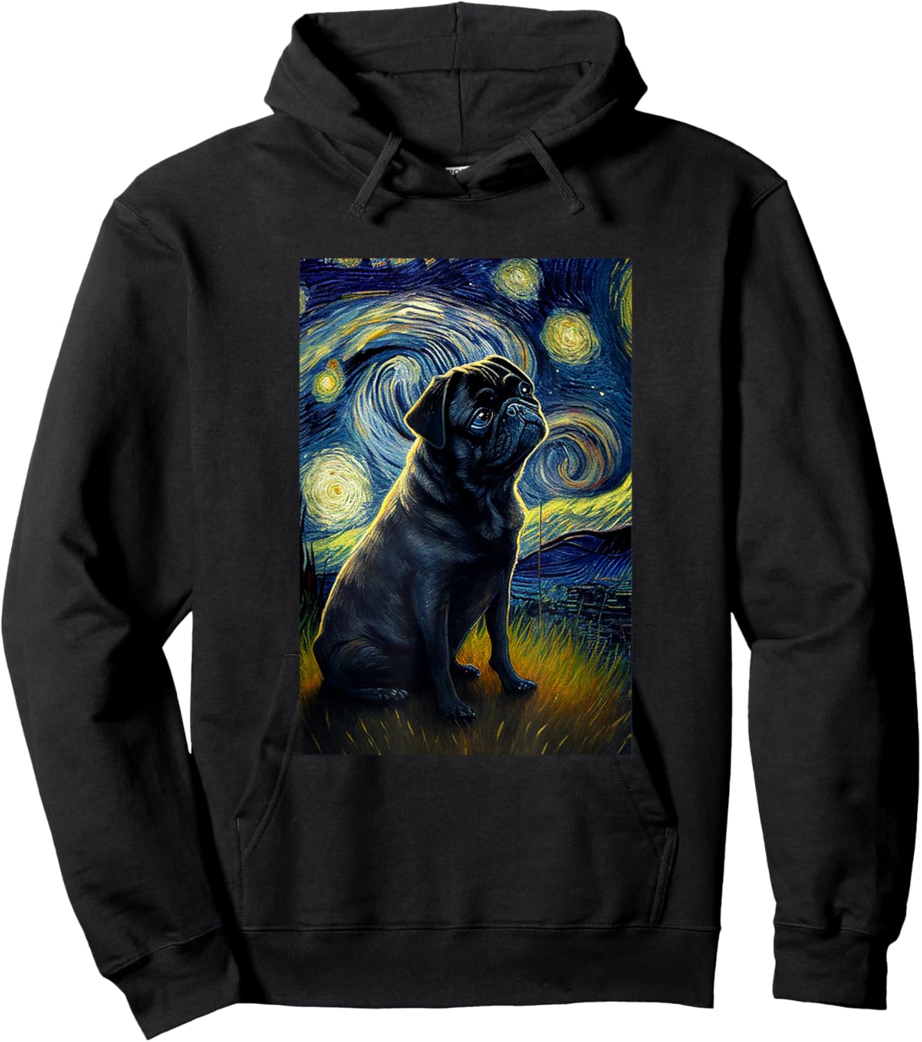 black Pug in Starry Night Painting Dog Mom Dad Hoodie - Hoodie | Black