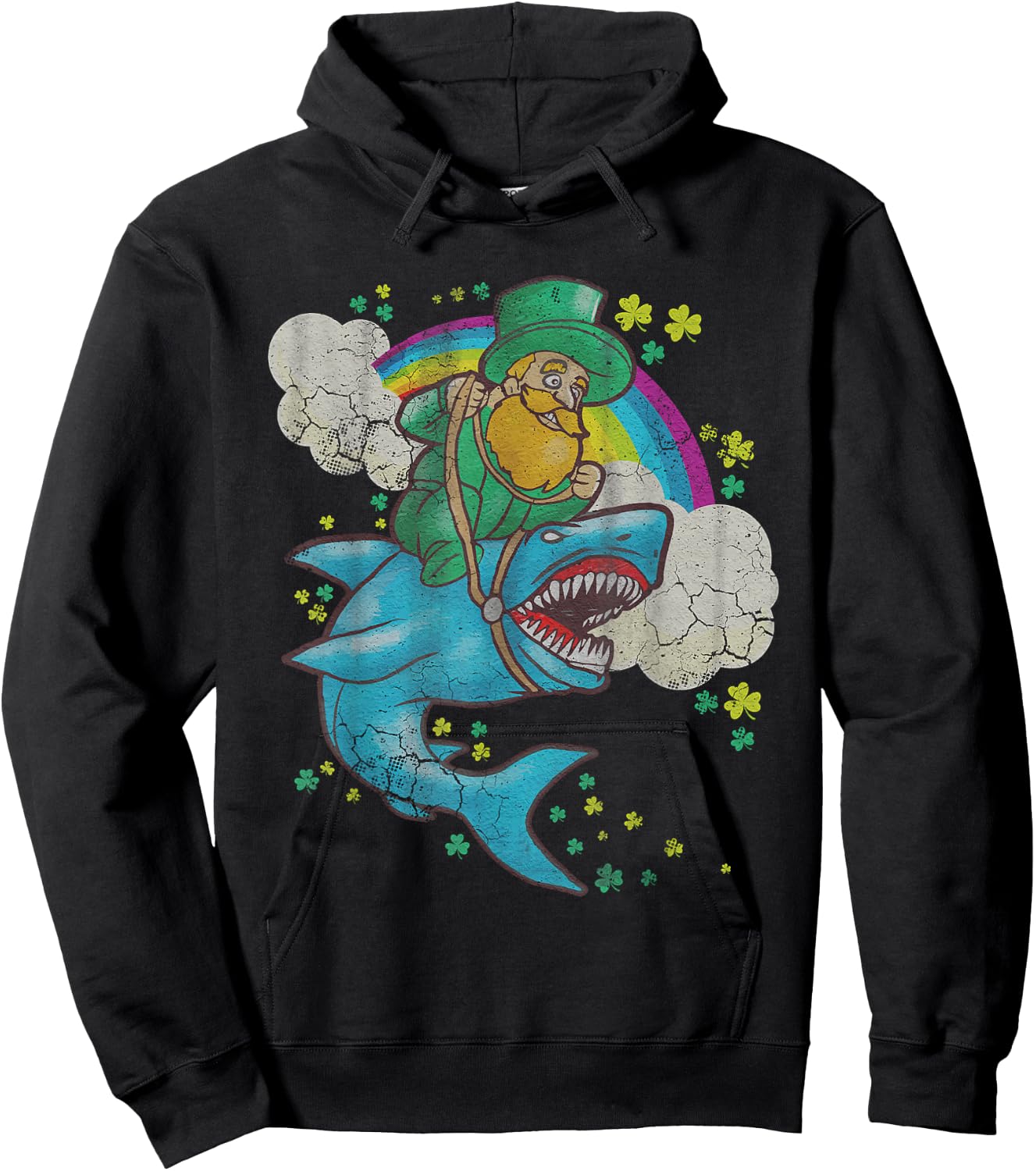 St Patricks Day Irish Leprechaun Riding Shark Kids Boys Girl Hoodie - Hoodie | Black