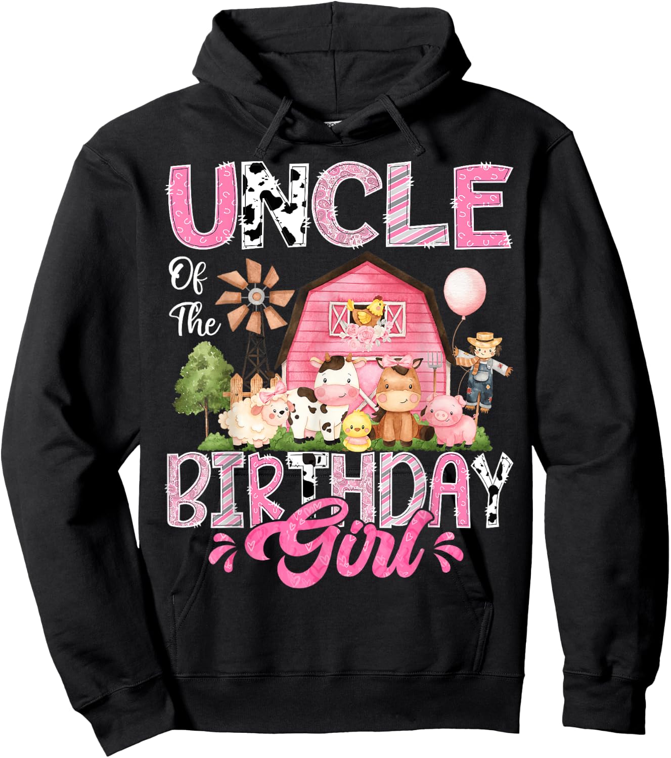 Uncle Of The Birthday Girl Pink Farm Cow First Birthday Hoodie - Hoodie | Black