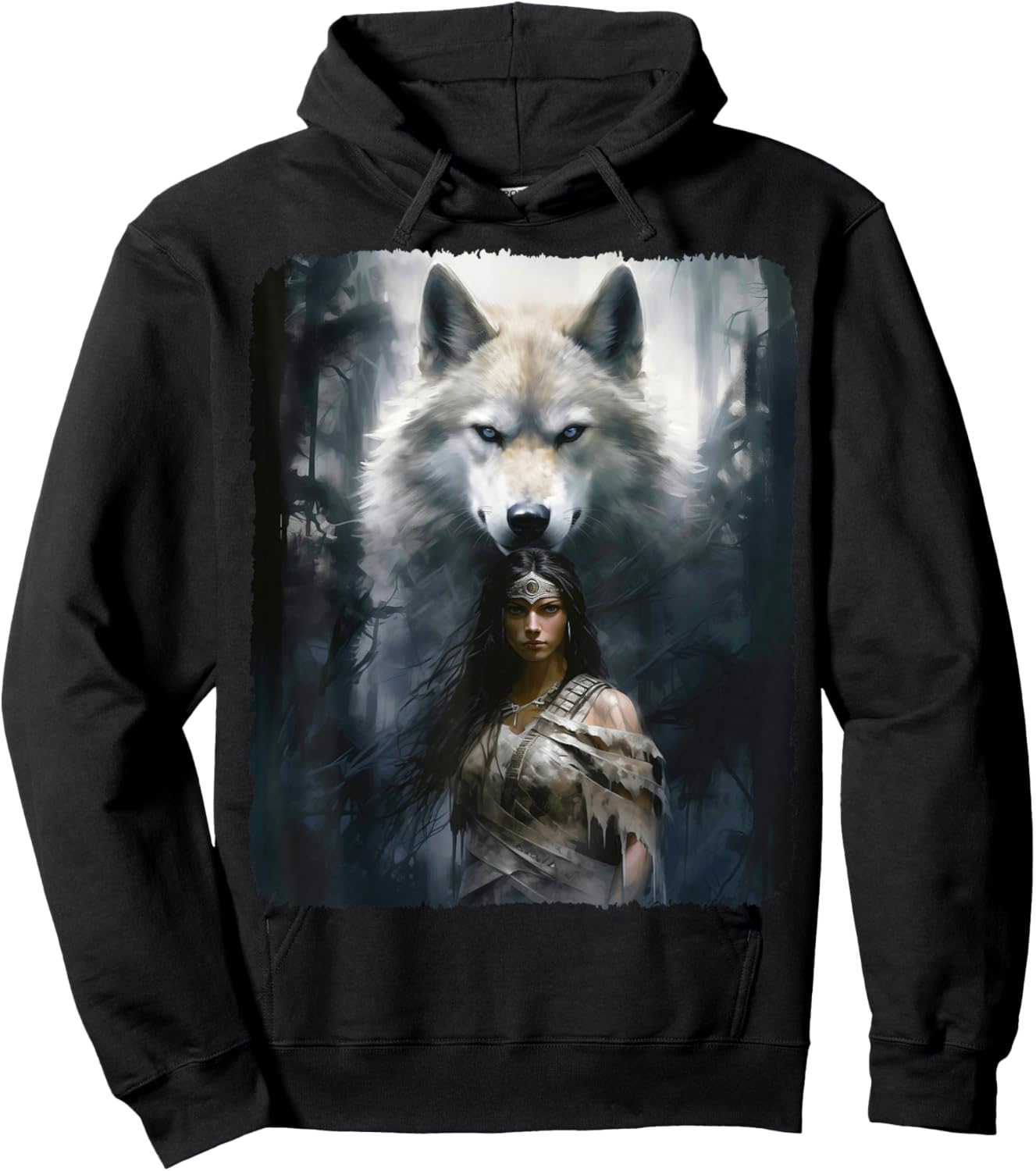 Warrior Woman with a White Wolf Fantasy Hoodie - Hoodie | Black