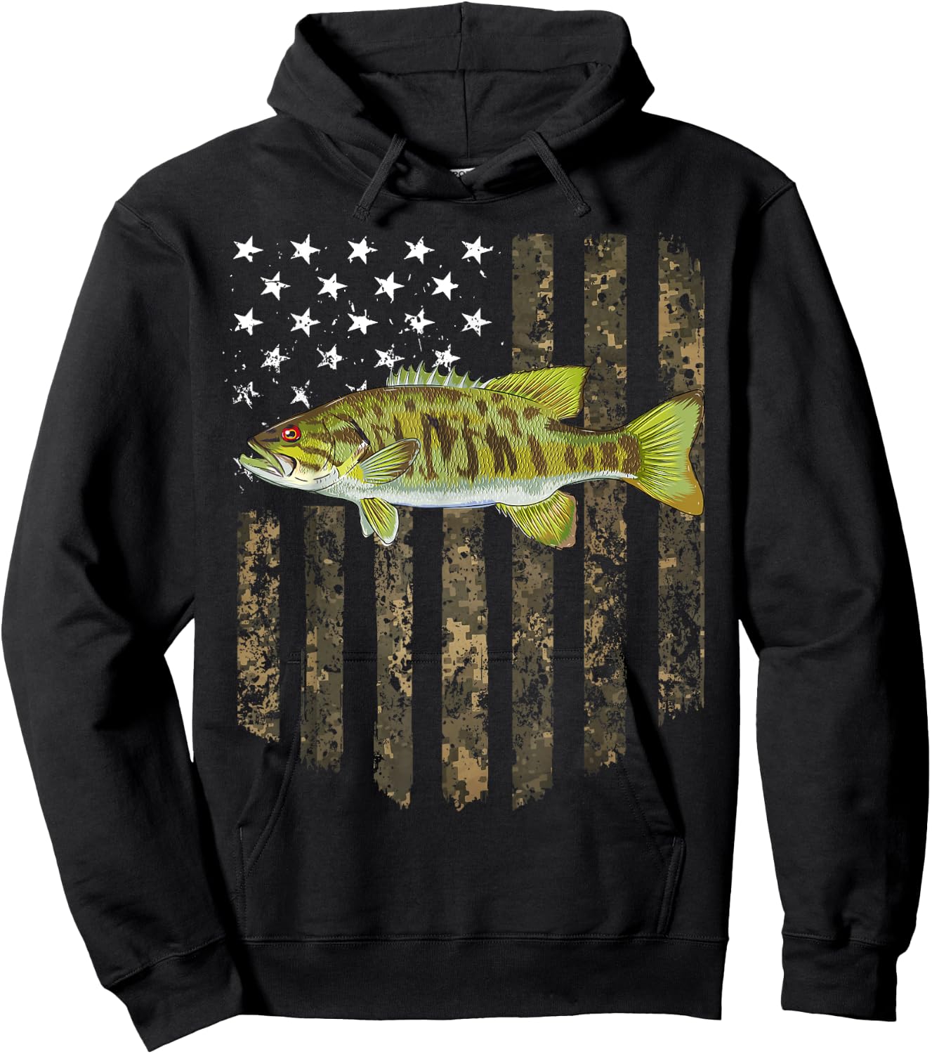 Camo American Flag Smallmouth Bass Fishing 4th Of July Hoodie - Hoodie | Black