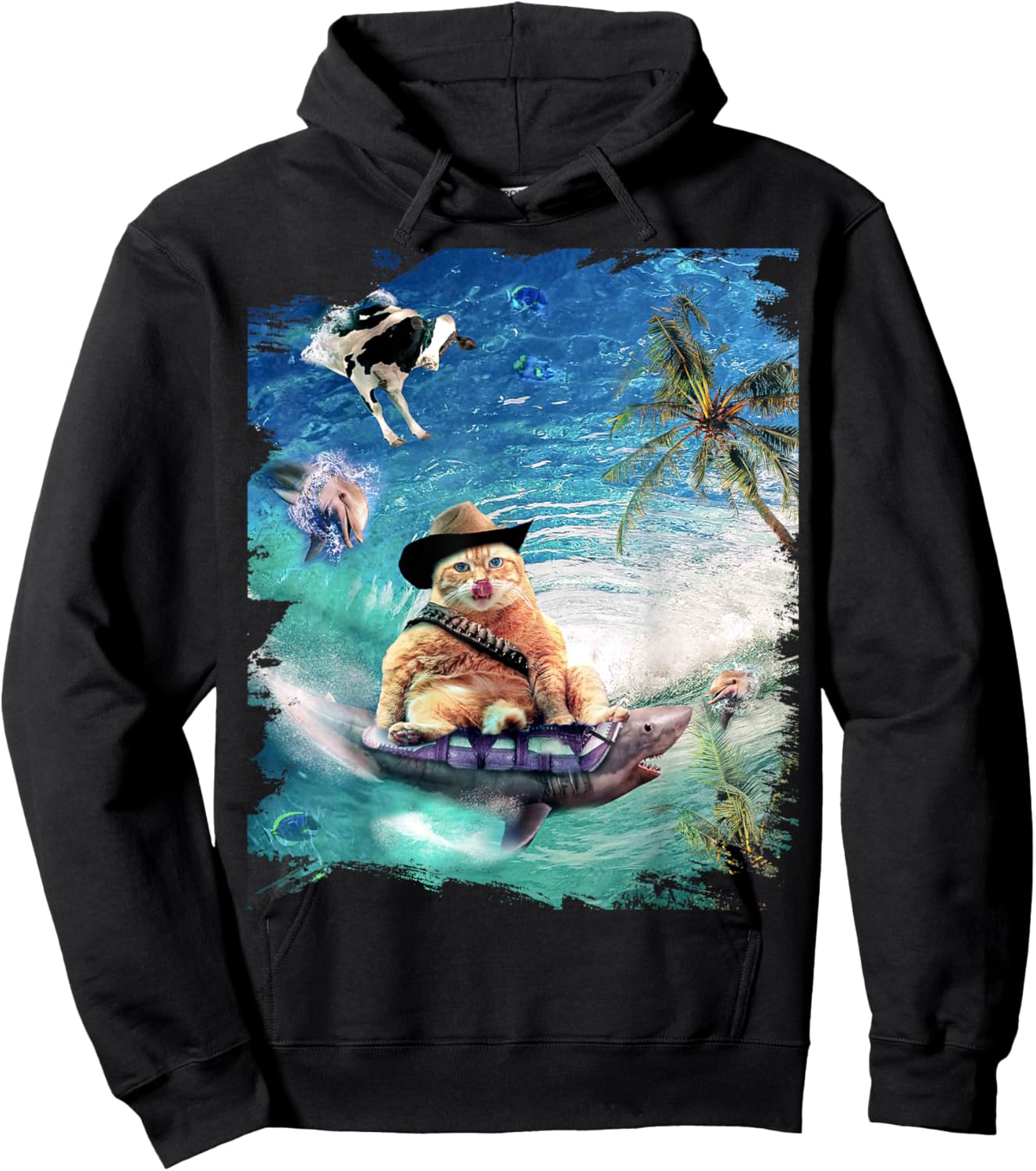 Surfing Cat Cowboy Riding Shark Hoodie - Hoodie | Black