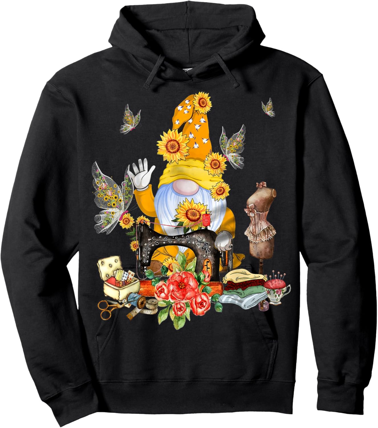 Gnome And Butterflies Quilting Funny Quilters Sewing Gnome Hoodie - Hoodie | Black