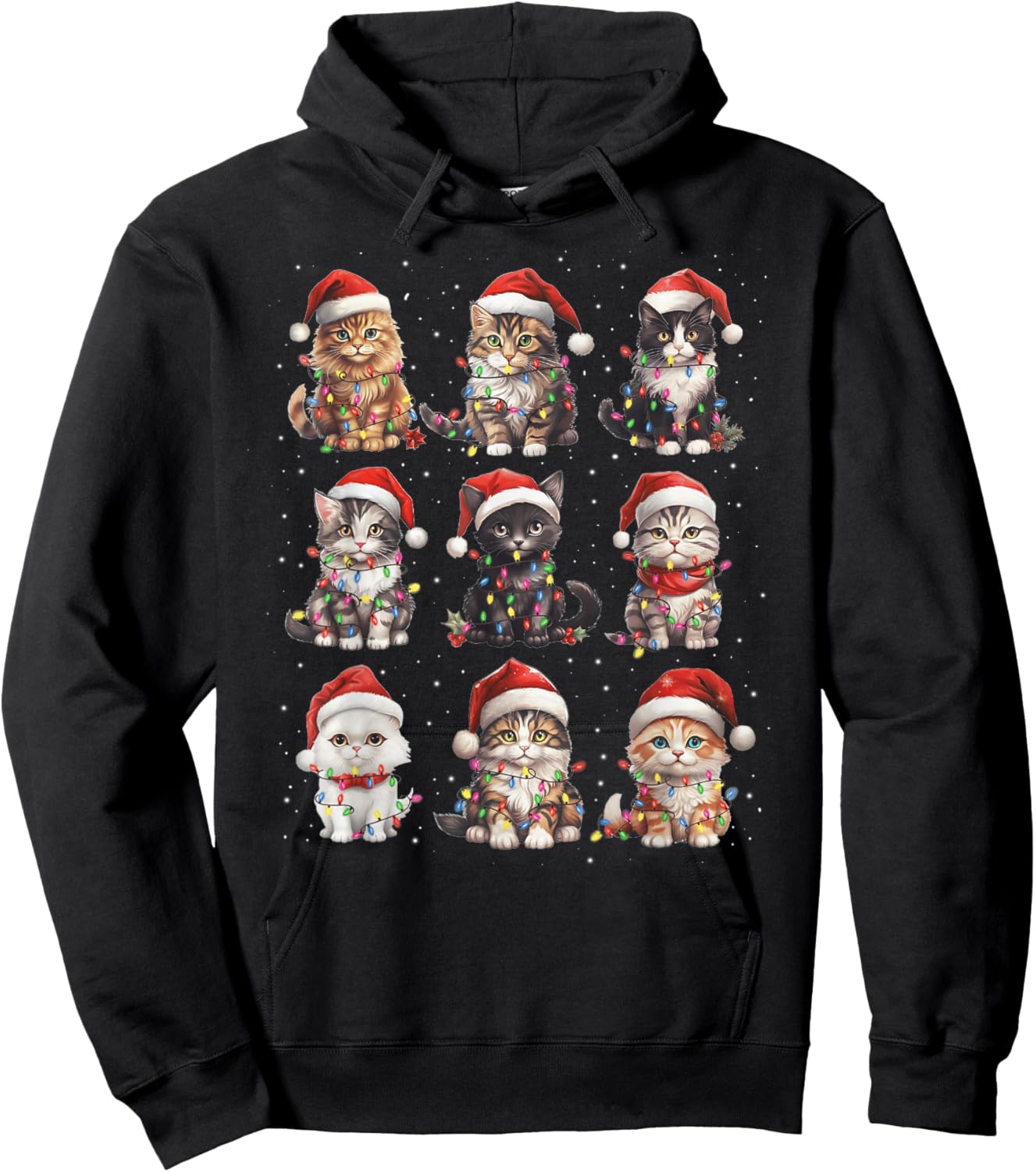 Santa Cats Tangled Up in Christmas Tree Lights Funny Cat Pet Hoodie - Hoodie | Black
