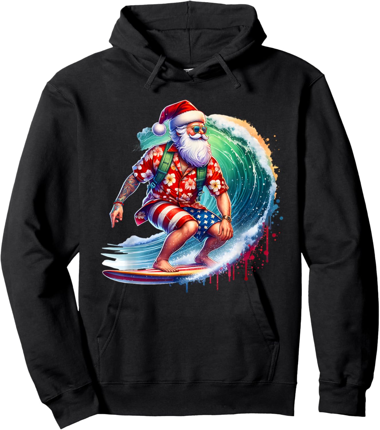 Surfing Santa Claus Christmas in July Beach Summer Vacation Men Women Kids Hoodie - Hoodie | Black