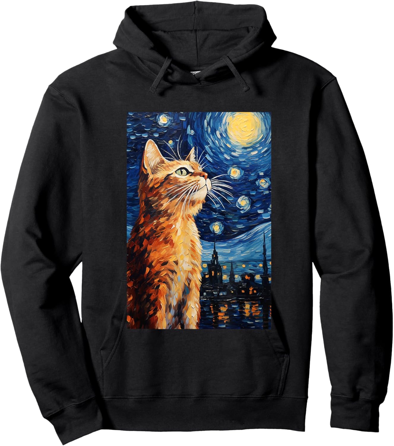 Cute Cat - Van Gogh Style - Starry Night Women Girls Kids Hoodie - Hoodie | Black