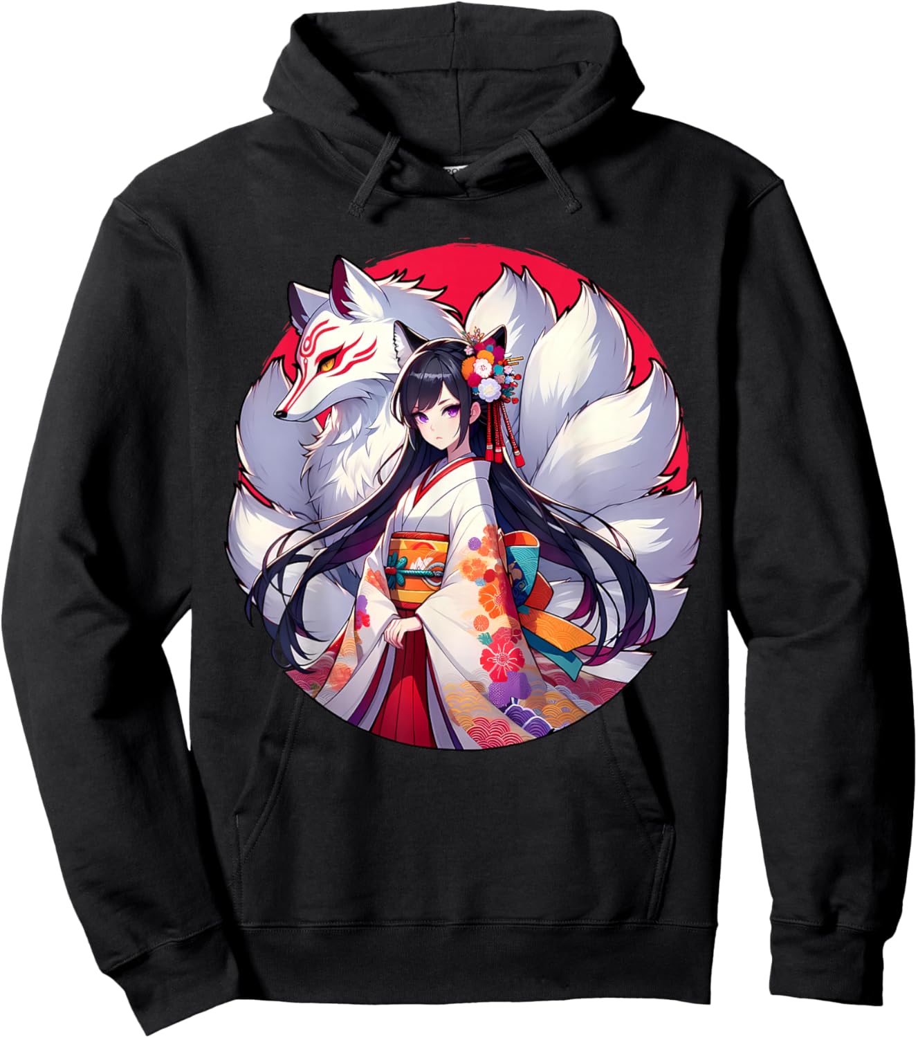 Japanese Anime Girl With Kitsune Nine Tailed Fox Hoodie - Hoodie | Black