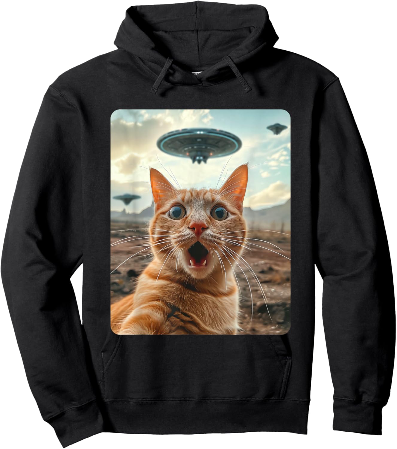 Extraterrestrial Encounter: Cat Selfie with UFO Hoodie - Hoodie | Black