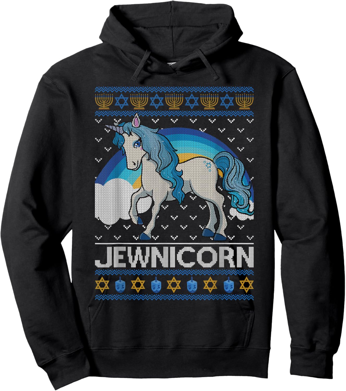 Funny Jewnicorn Jewish Unicorn Menorah Ugly Hanukkah Sweater Hoodie - Hoodie | Black
