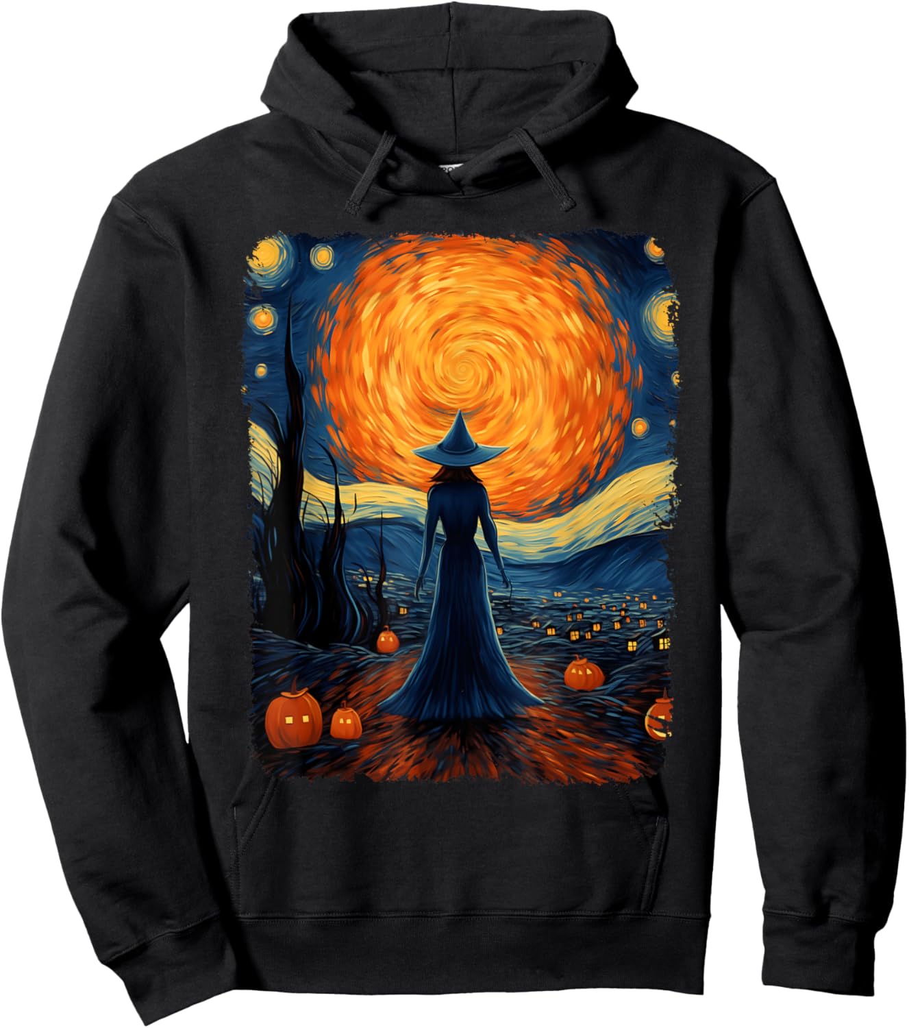 Witch Mystery Scary Moon Starry Night Van Gogh Art Halloween Hoodie - Hoodie | Black