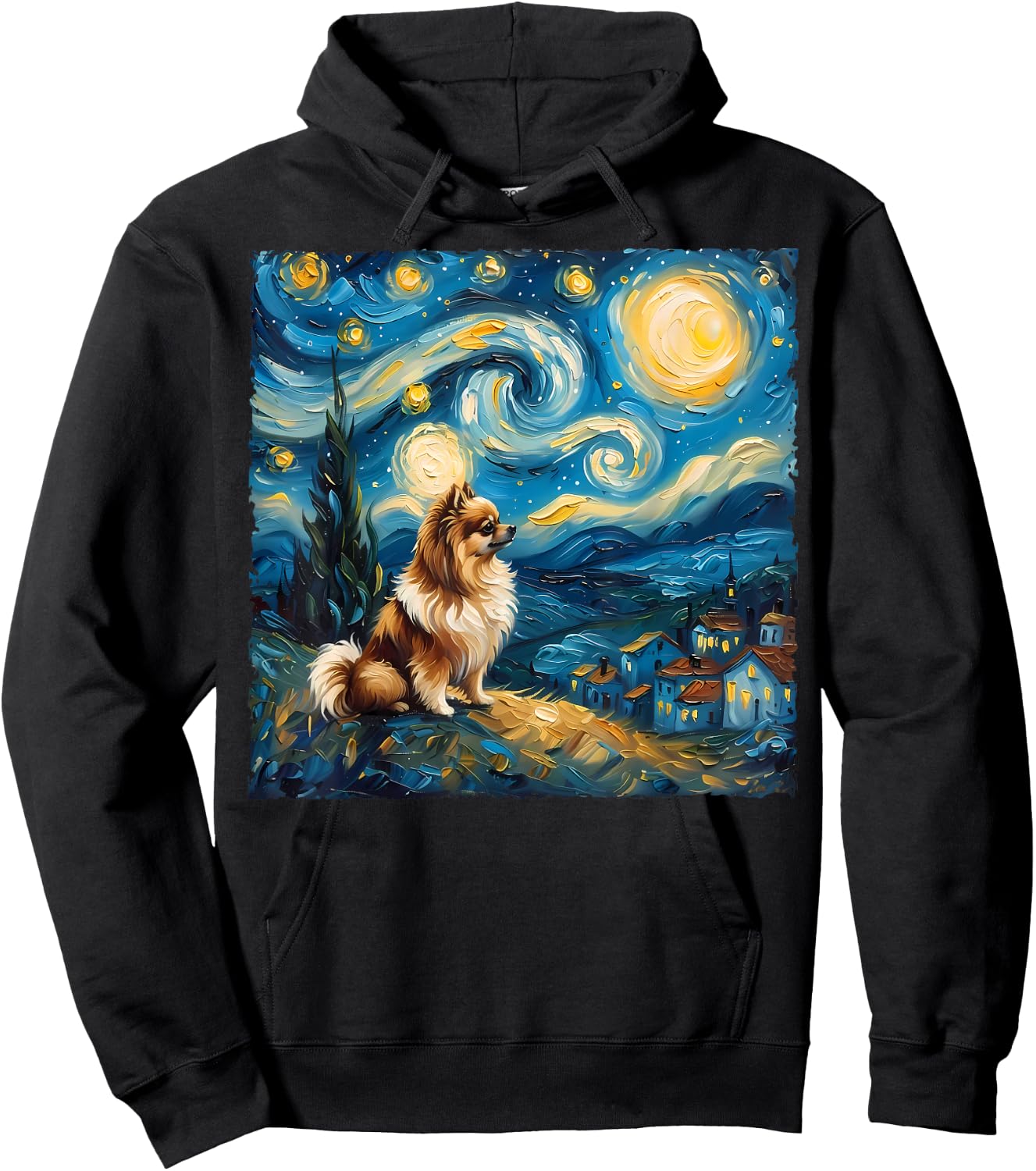 Pomeranian Dog Lovers Starry Night Van Gogh Style Painting Hoodie - Hoodie | Black