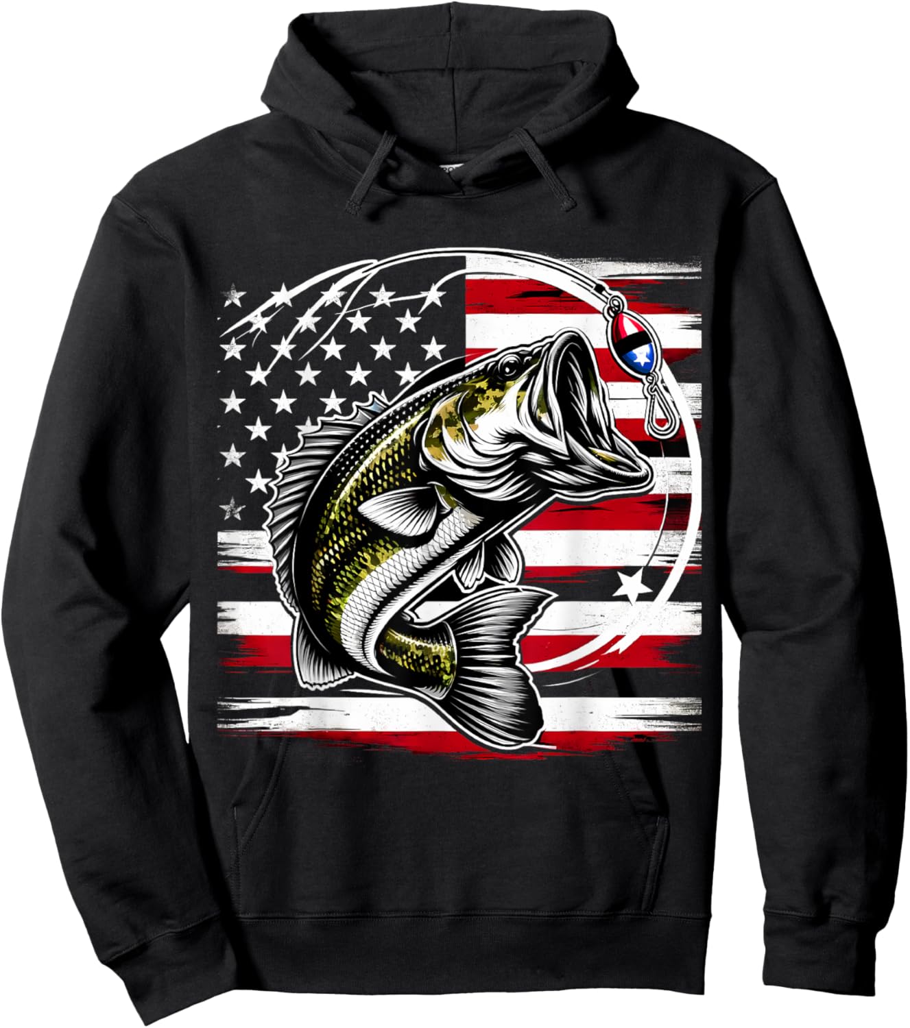 American Flag Fish Fisher Fisherman Funny Bass Fishing USA Hoodie - Hoodie | Black