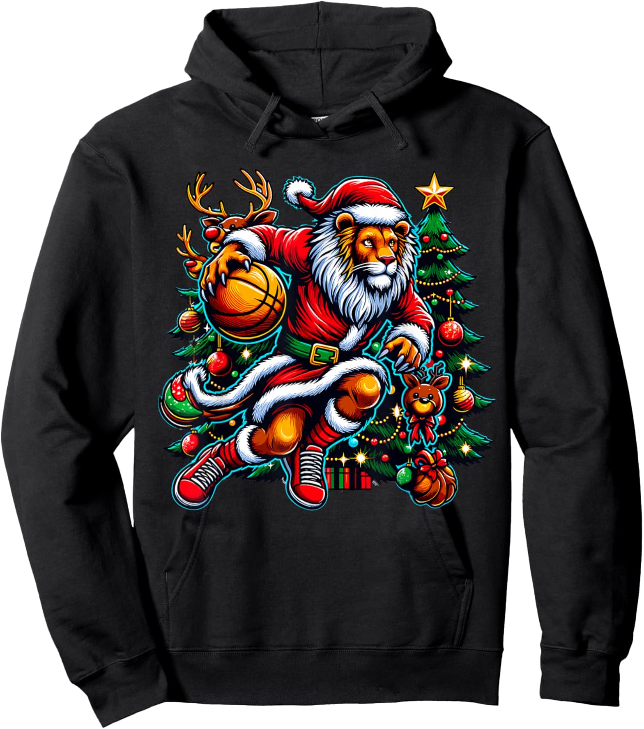 Santa Lion Play Basketball Christmas Funny Hoodie - Hoodie | Black