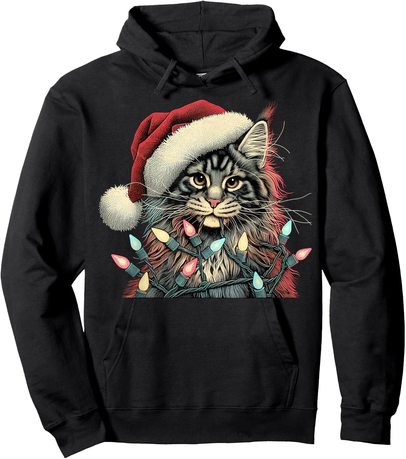 Maine Coon Cat Chew Christmas Light Xmas Holiday Funny Cute Hoodie - Hoodie | Black