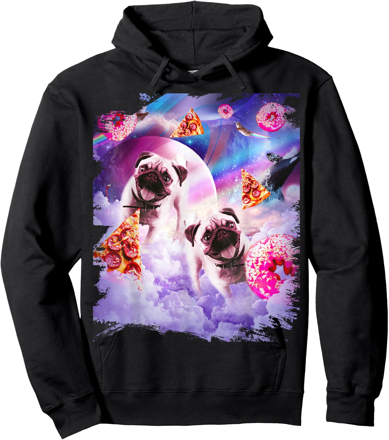 Pugs in The Clouds with Donut and Pizza Hoodie - Hoodie | Black