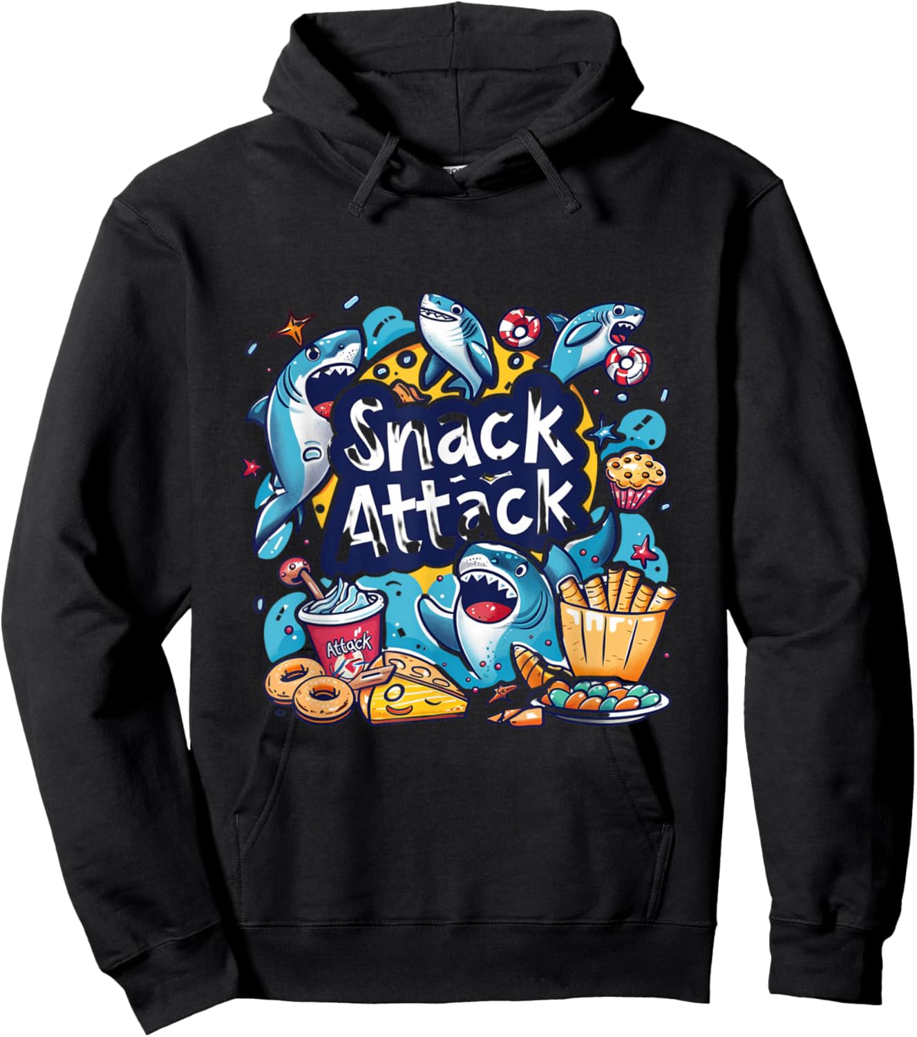 Snack Attack Funny Food Foodie Munchies Children Kids Shark Hoodie - Hoodie | Black