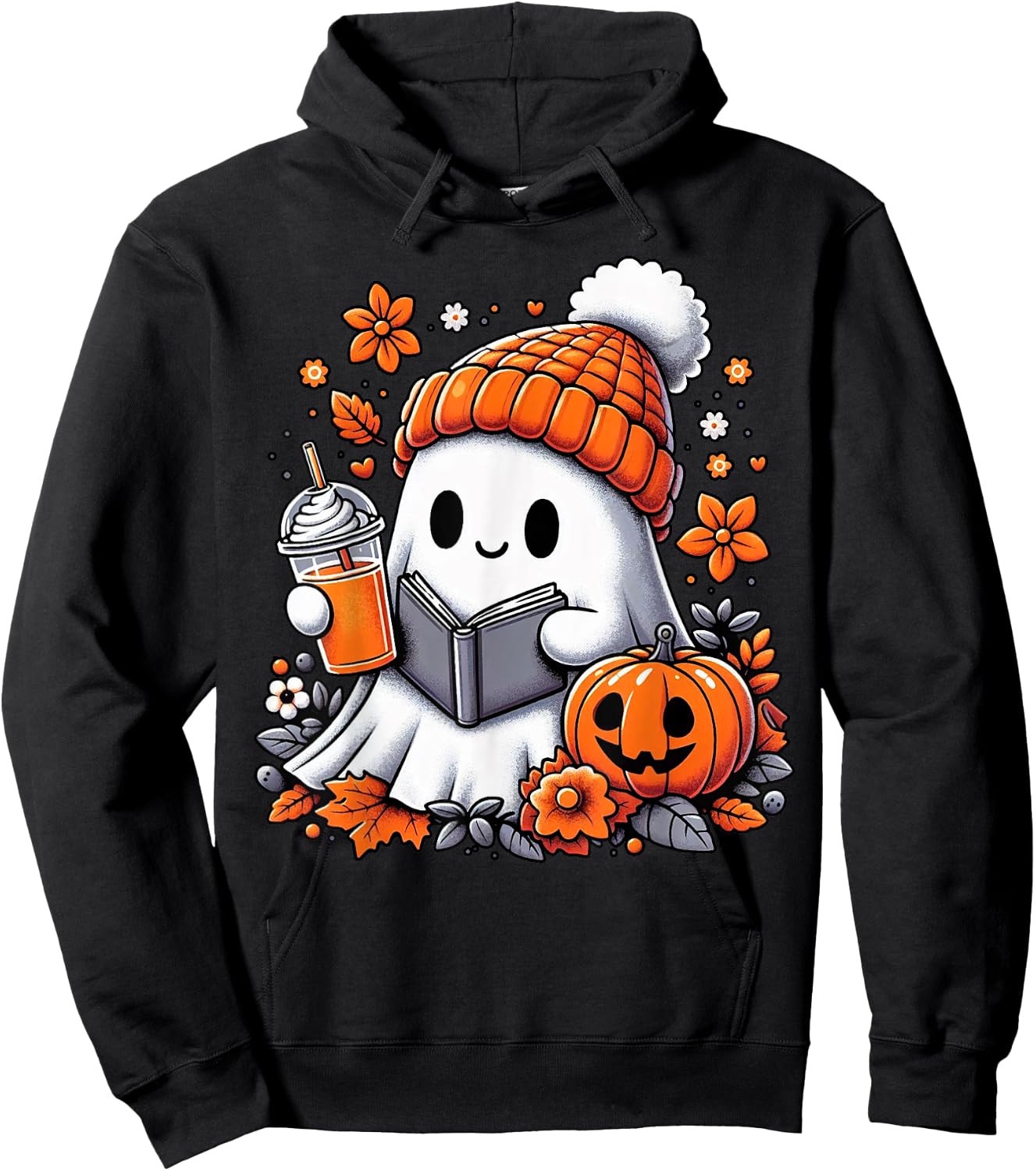 Ghost Drinking Coffee Book Reading Halloween Pumpkin Flower Hoodie - Hoodie | Black